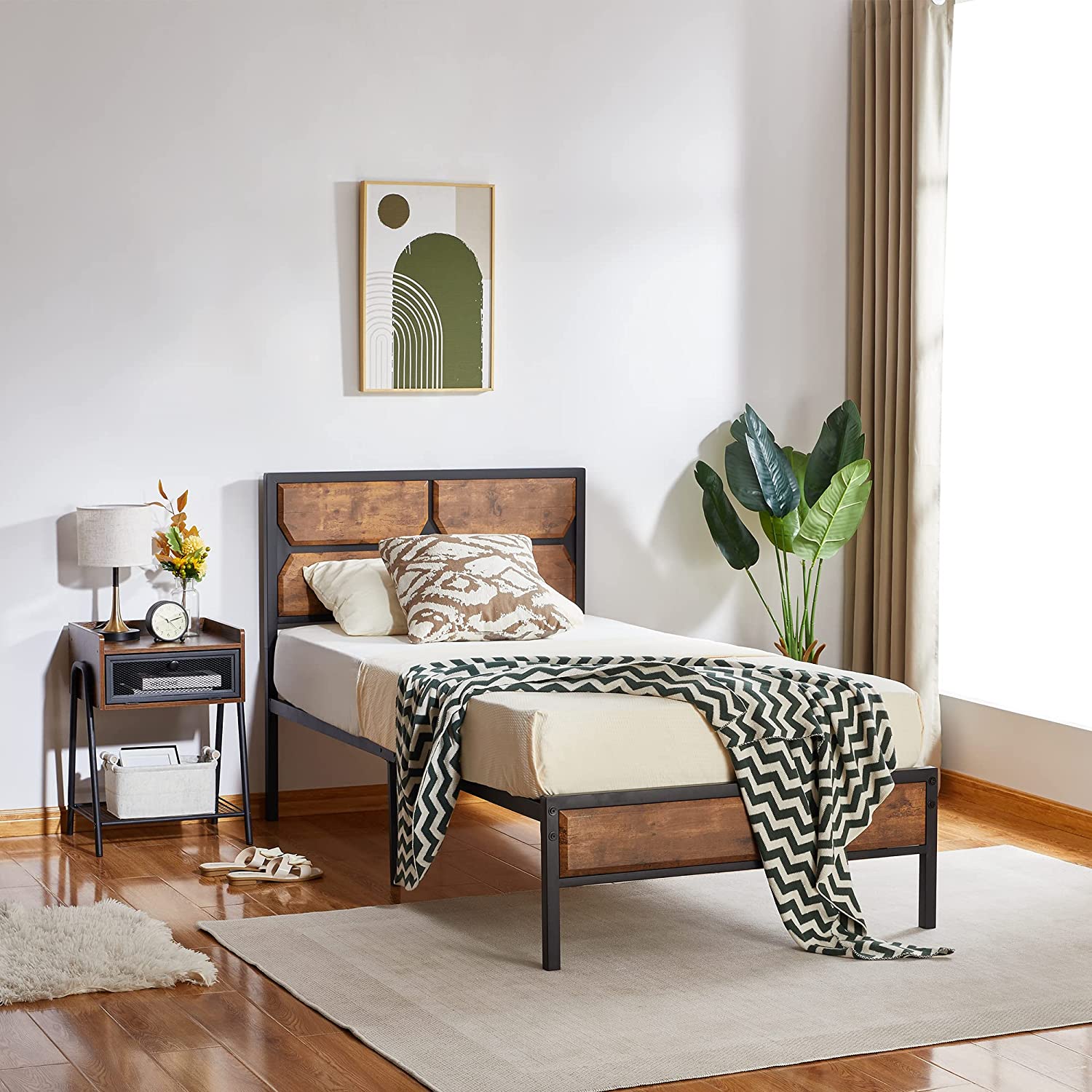 VECELO Metal Bed Frame Platform with Wooden Headboard&Footboard Mattress Foundation - VECELO