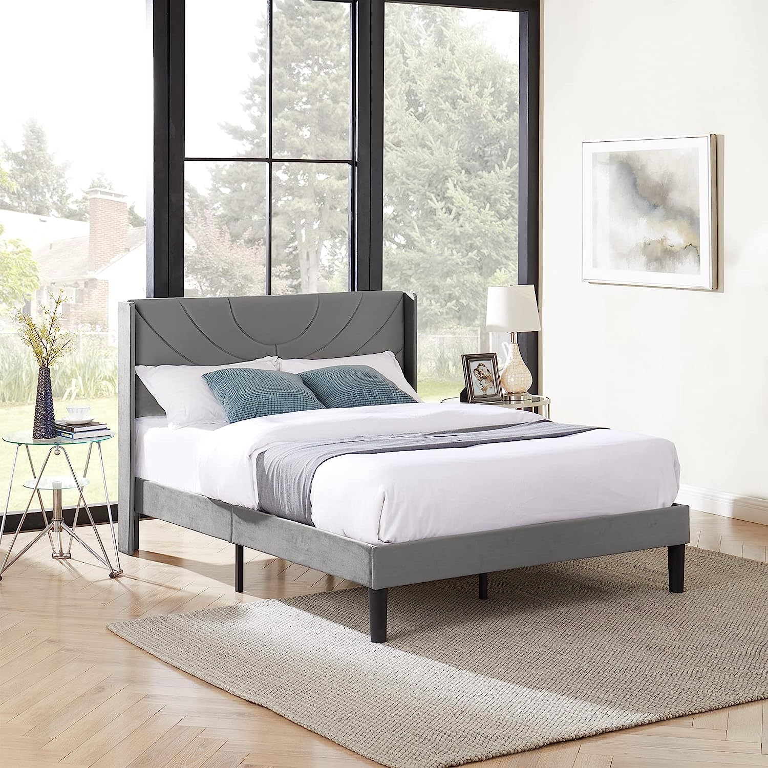 VECELO Upholstered Platform Bed Frame with Adjustable Fabric Headboard - VECELO