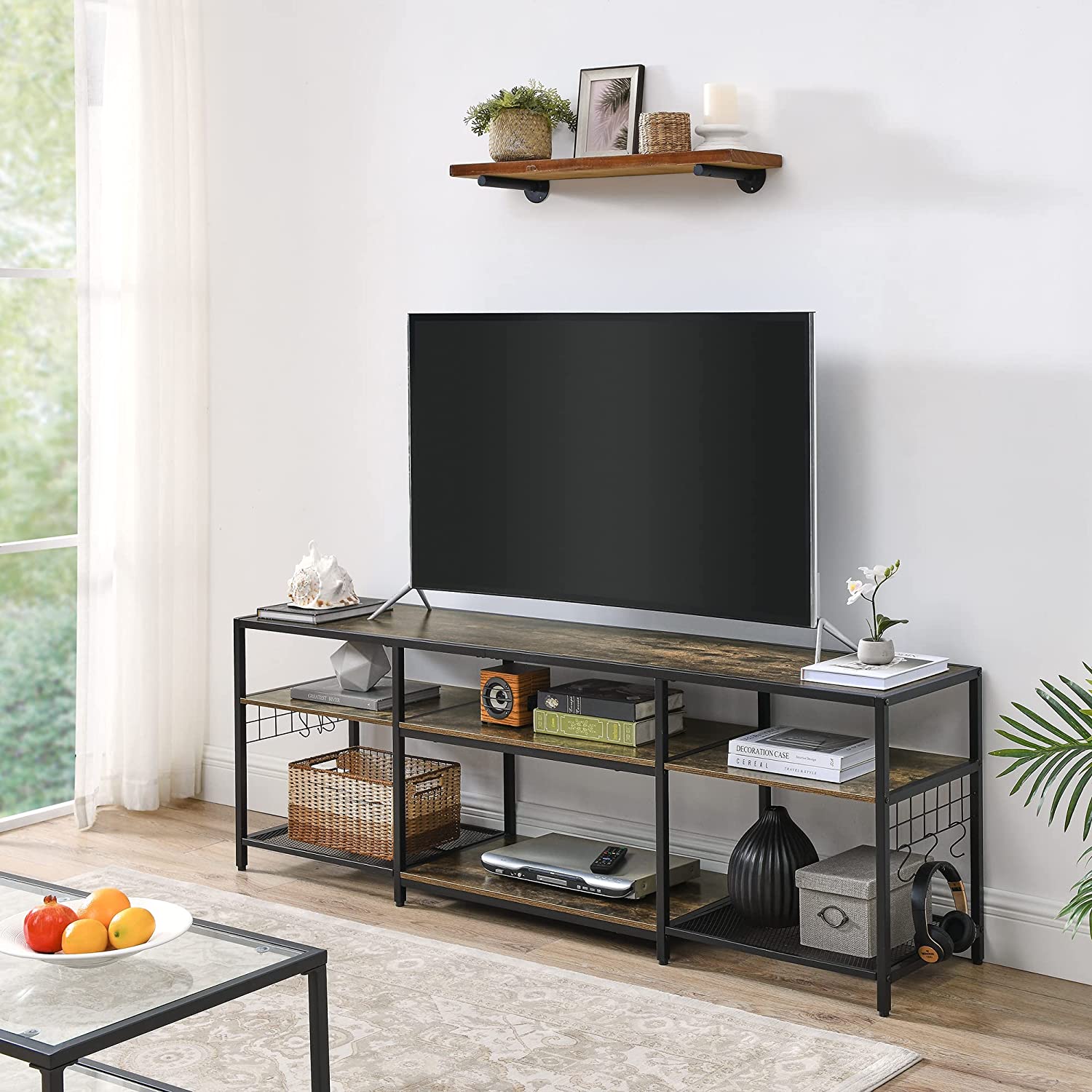 VECELO TV Stand Entertainment Center Media Console with 3-Tier Open Storage Shelves, Cabinet Table for Living Room Brown - VECELO