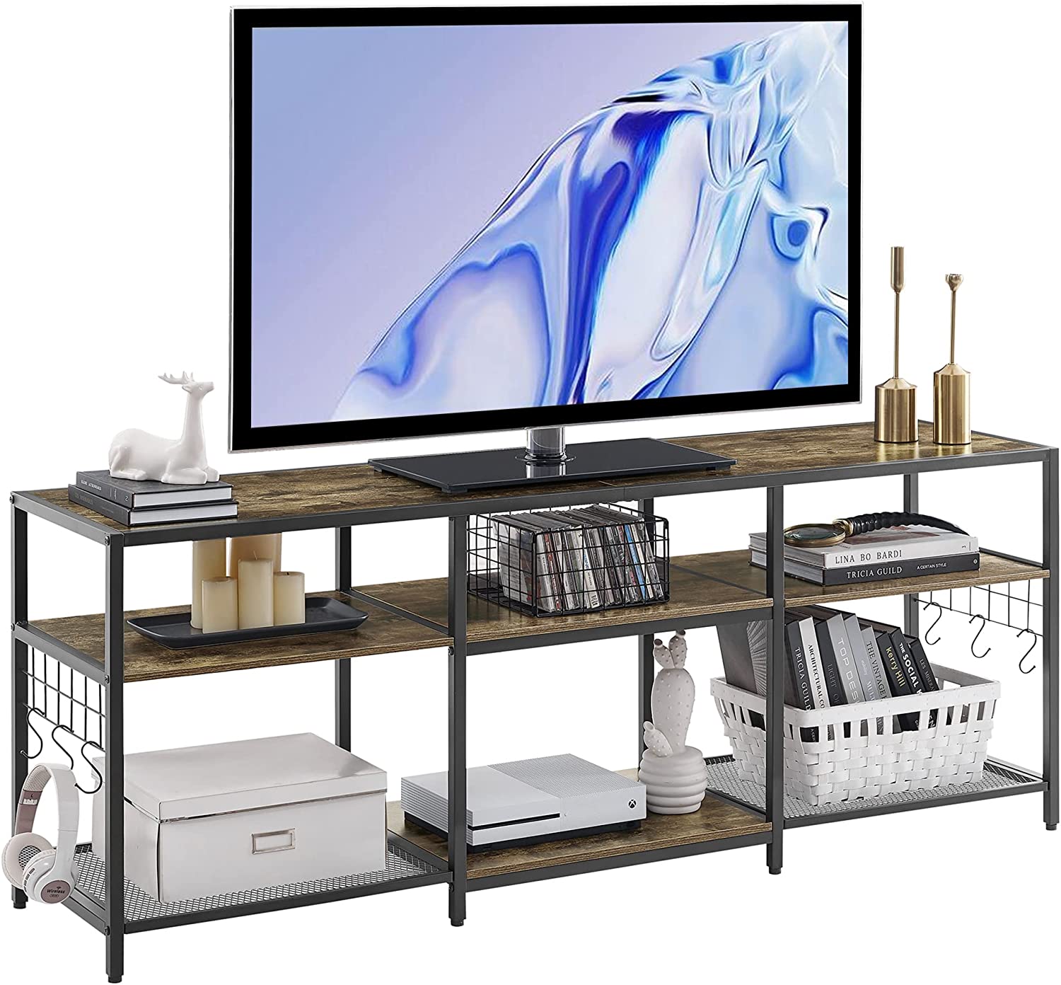 VECELO TV Stand Entertainment Center Media Console with 3-Tier Open Storage Shelves, Cabinet Table for Living Room Brown - VECELO