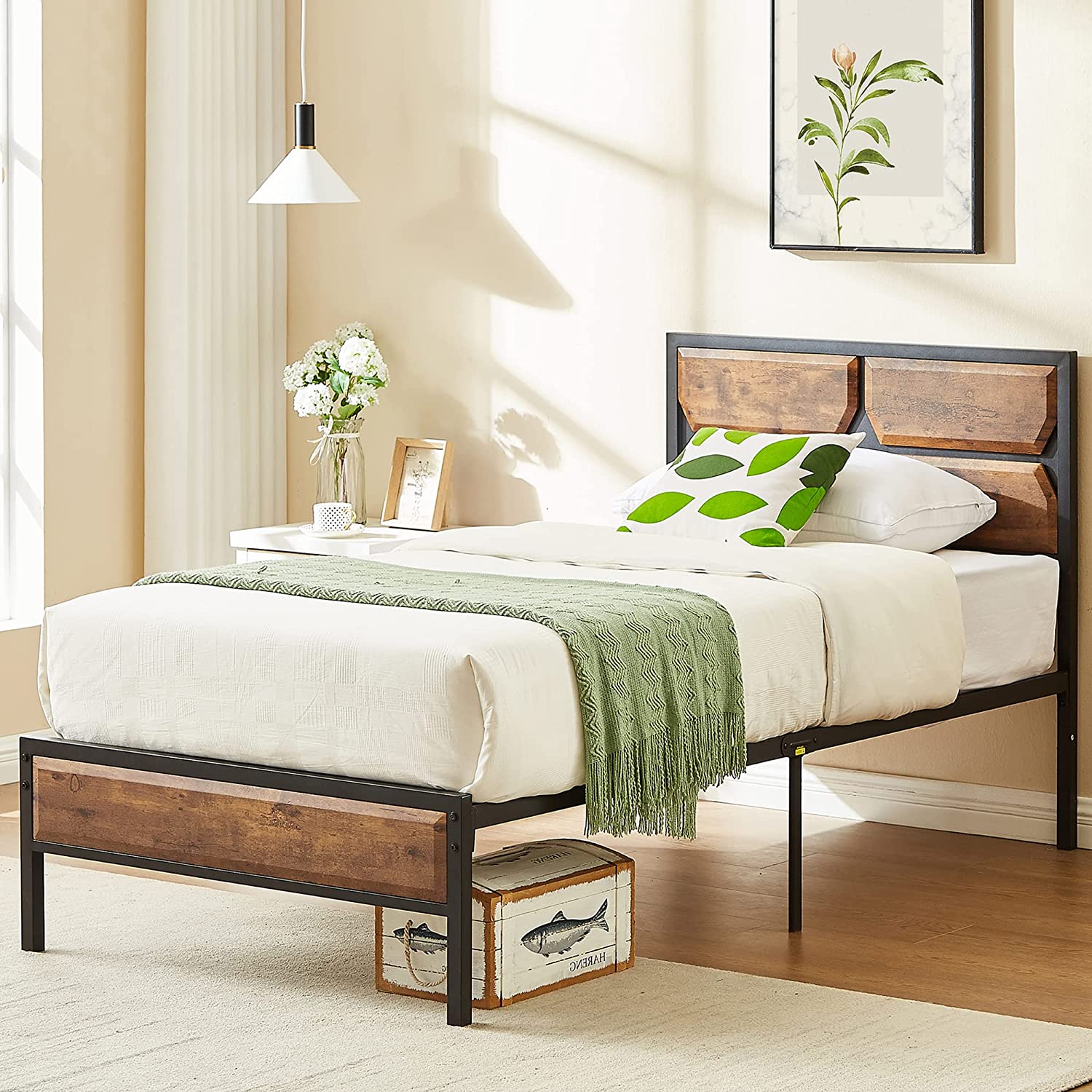VECELO Metal Bed Frame Platform with Wooden Headboard&Footboard Mattress Foundation - VECELO