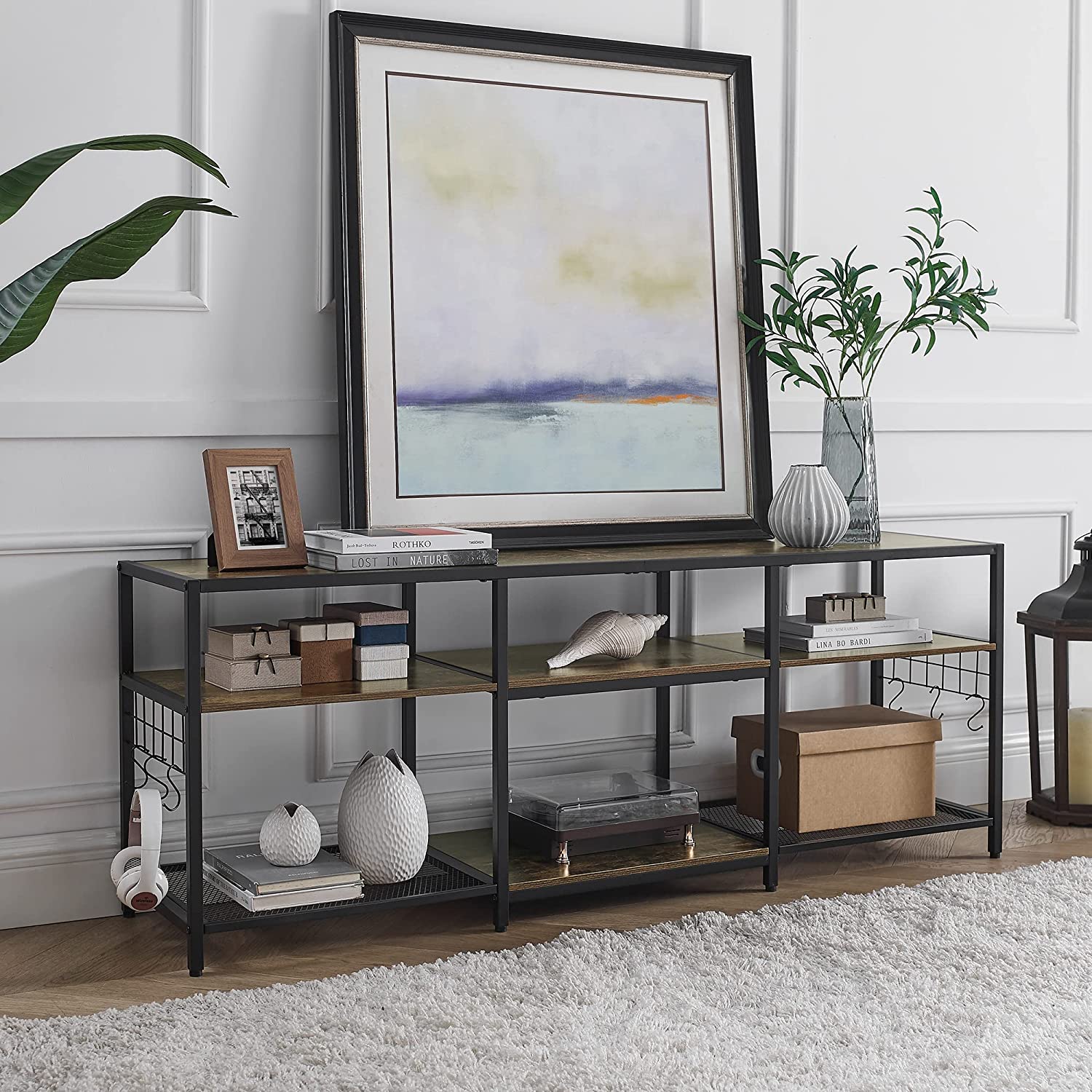 VECELO TV Stand Entertainment Center Media Console with 3-Tier Open Storage Shelves, Cabinet Table for Living Room Brown - VECELO