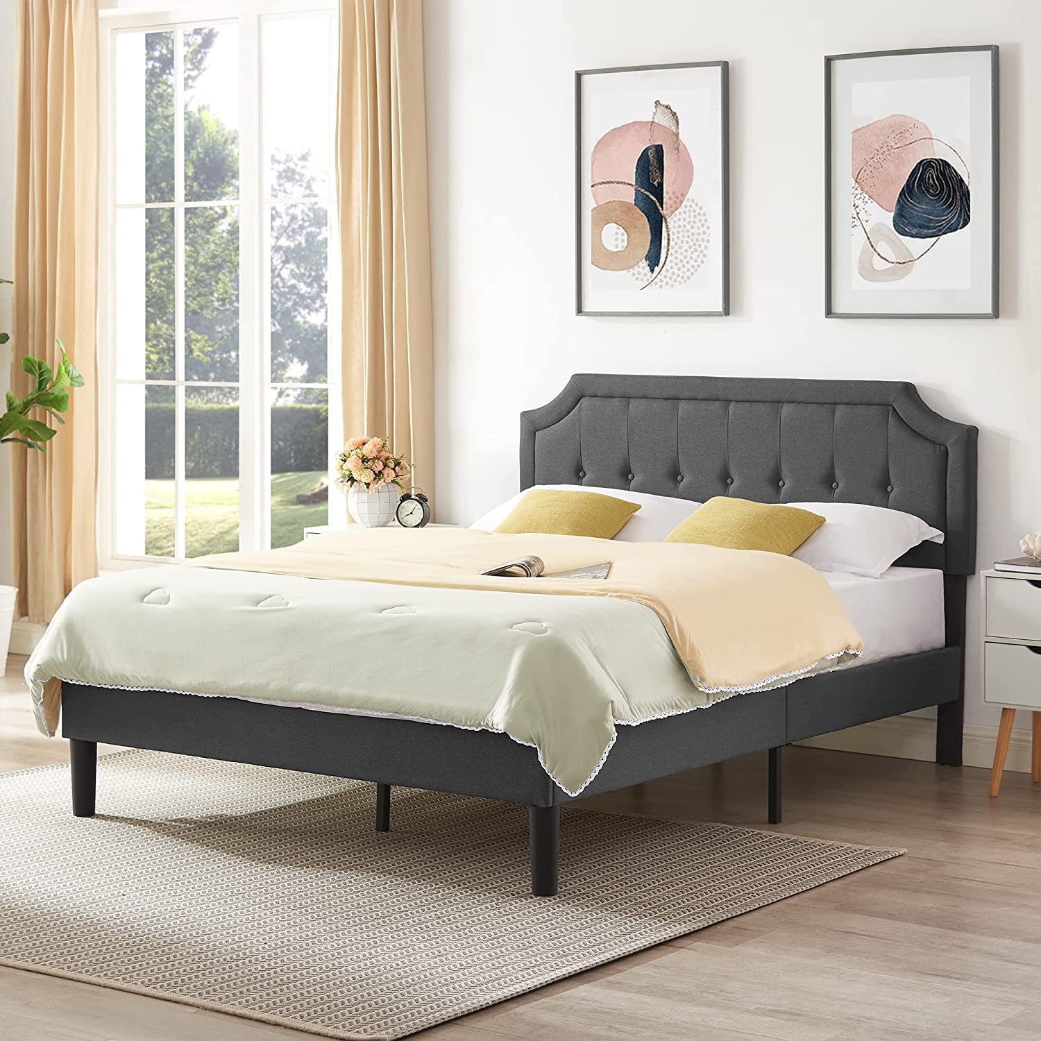 VECELO Premium Upholstered Platform Bed Diamond Stitched Panel Headboard - VECELO