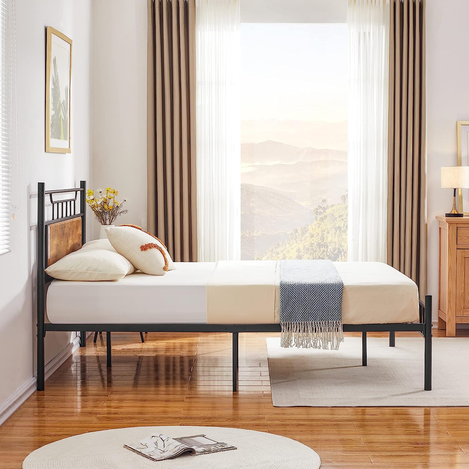 VECELO Platform Bed Frame with Wood Headboard No Box Spring Needed Heavy Duty Steel Slat - VECELO