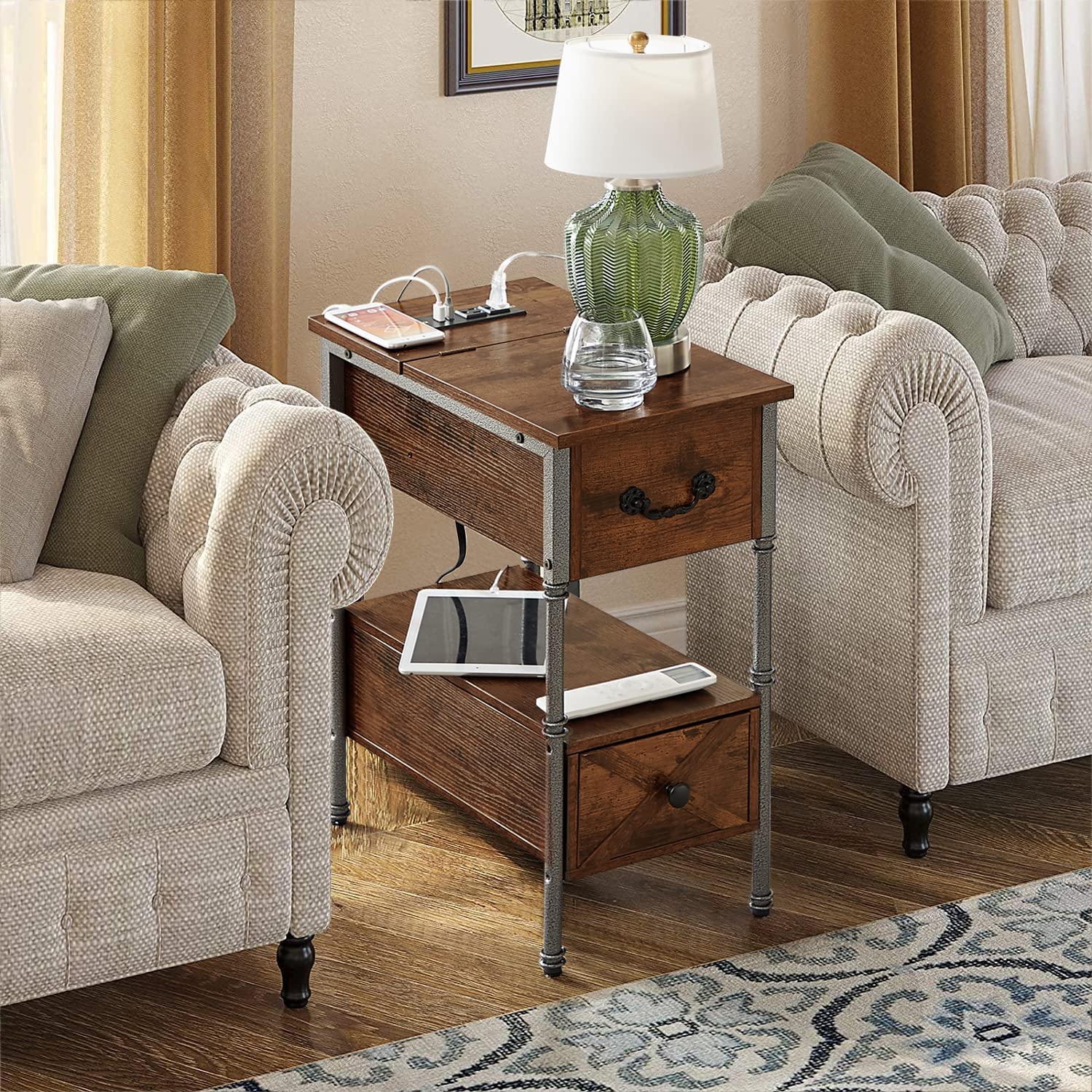 VECELO End Table with Charging Station, Narrow Flip Top Nightstand - VECELO