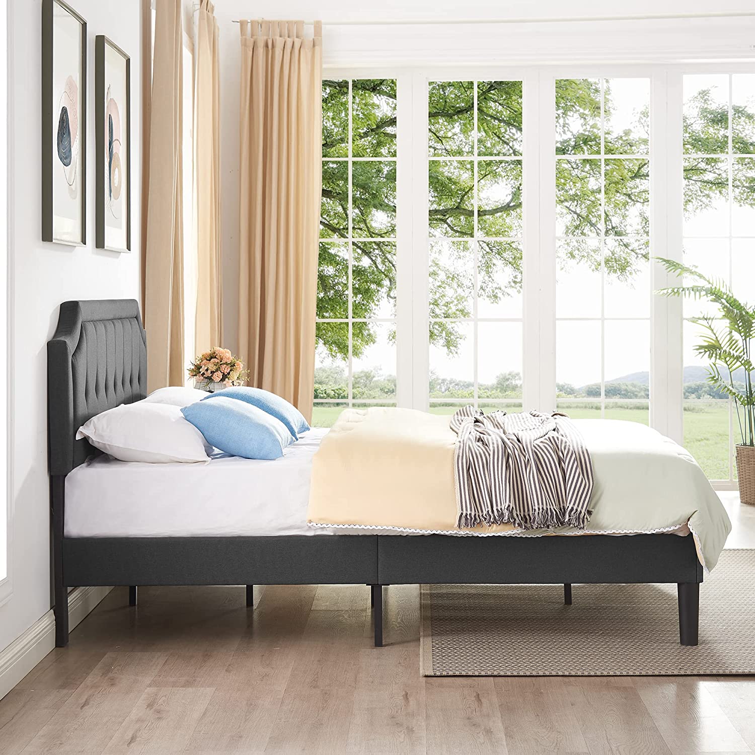 VECELO Premium Upholstered Platform Bed Diamond Stitched Panel Headboard - VECELO