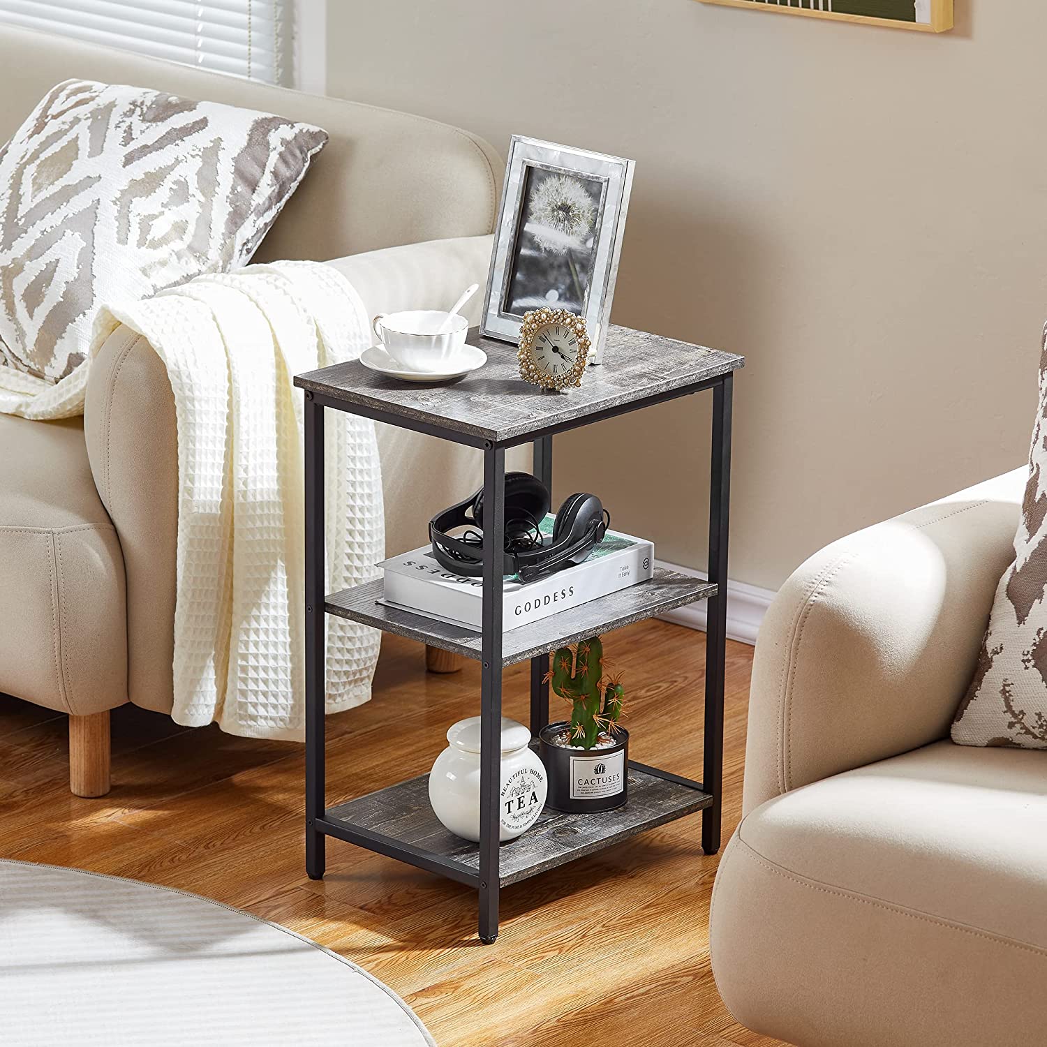 VECELO End Side Table with Storage Shelves Industrial Night Stand, 3-Tier Slim Nightstand for Living Room, Bedroom - VECELO