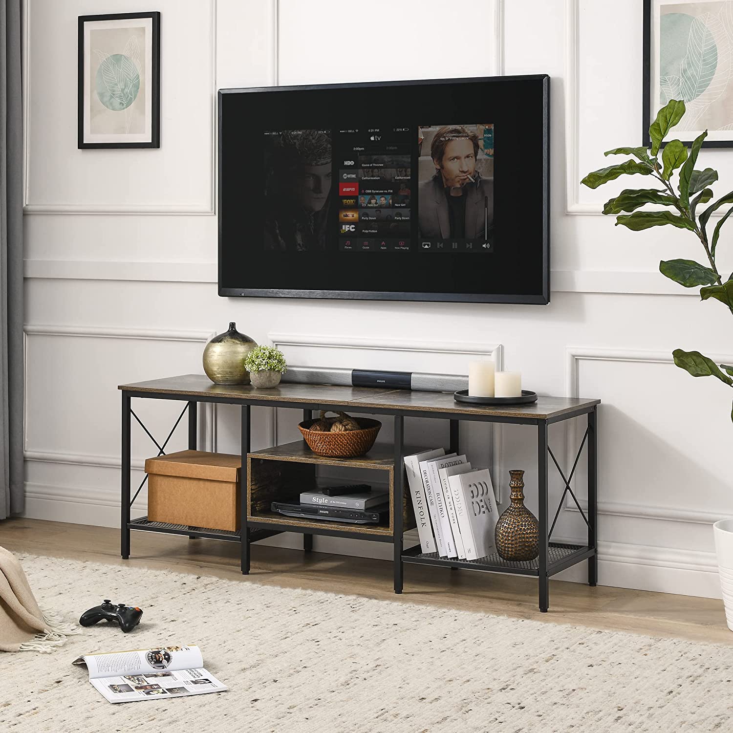 VECELO Industrial TV Stand Television Cabinet 3-Tier Console with Open Storage Shelves, Entertainment Center with Metal Frame for Living Room - VECELO
