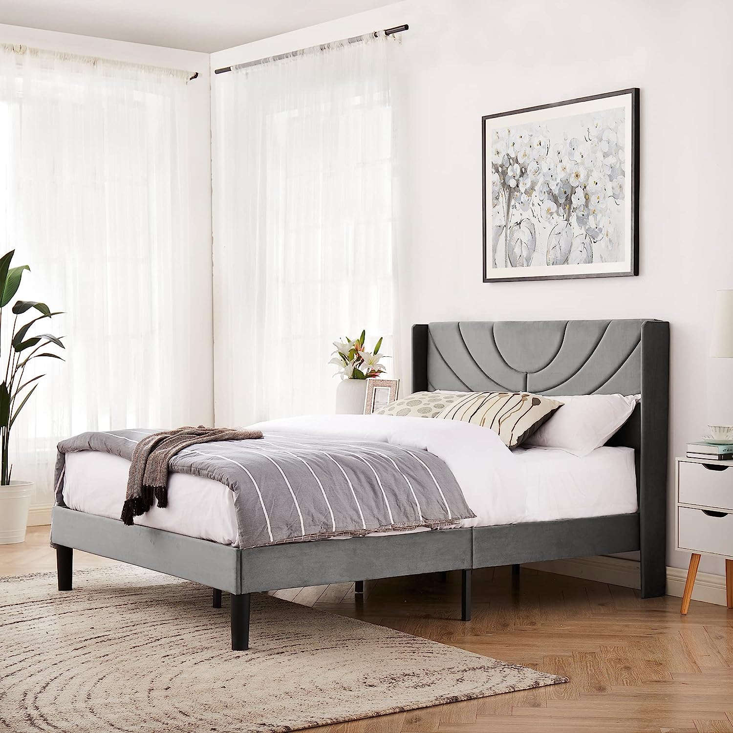 VECELO Upholstered Platform Bed Frame with Adjustable Fabric Headboard - VECELO