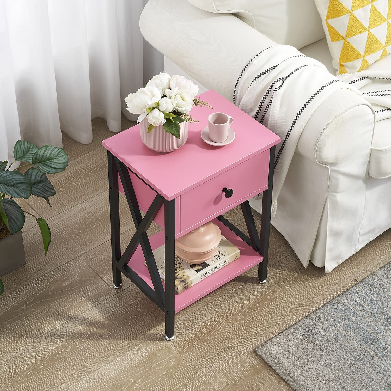 VECELO Night Stands Bedside End Table X-Design with Drawer&Storage Shelf for Living Room Bedroom, Nightstand with Drawer - VECELO