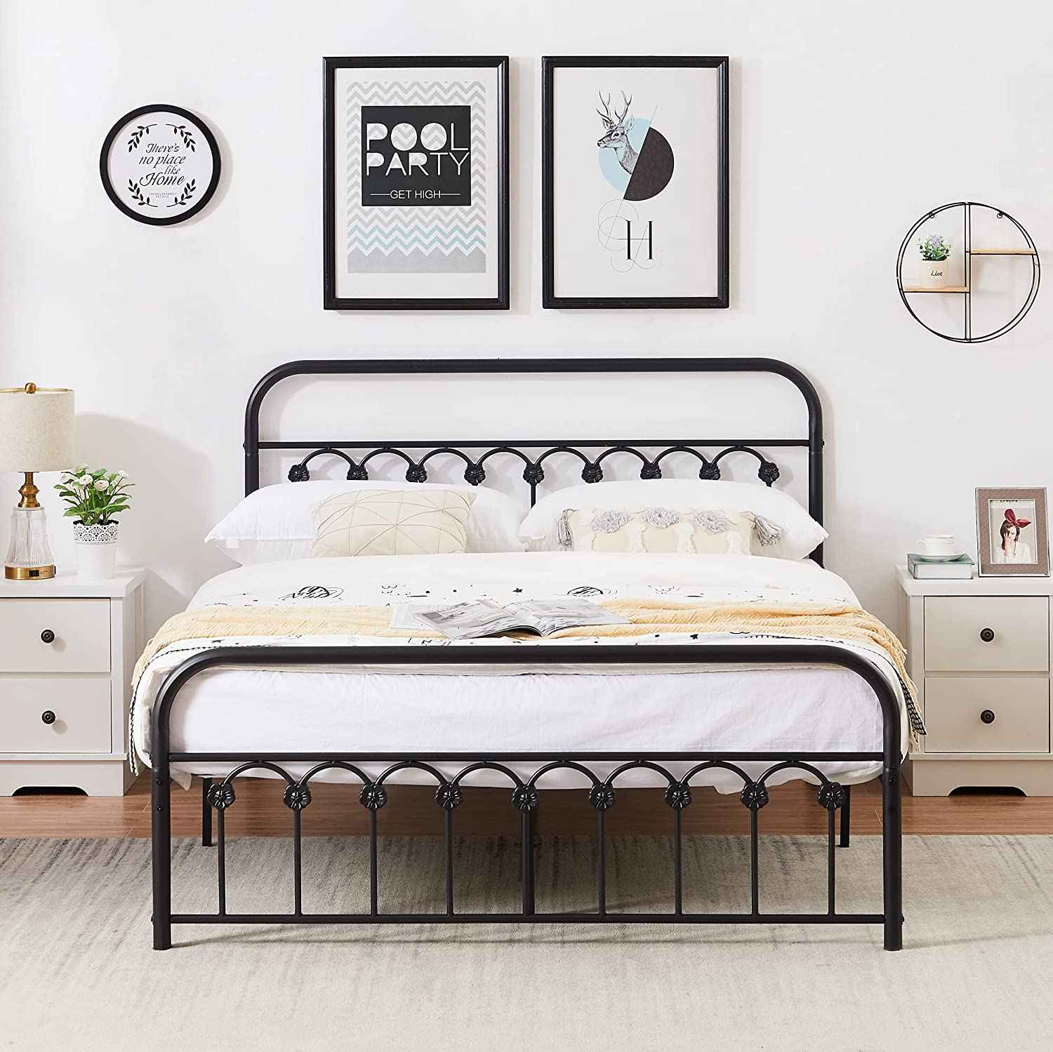 VECELO Metal Bed Frame/Mattress Foundation with Vintage Flower Headboard & Footboard - VECELO