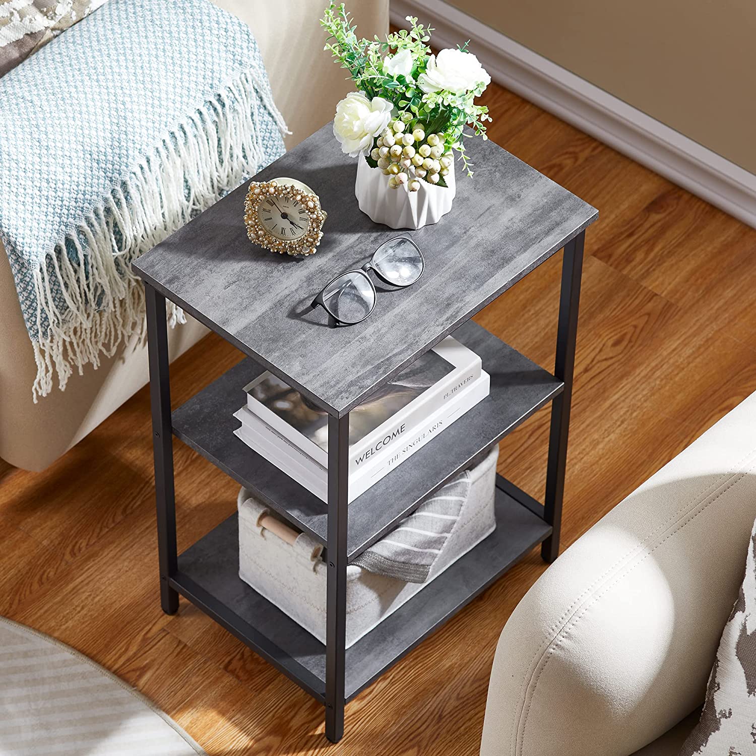 VECELO End Side Table with Storage Shelves Industrial Night Stand, 3-Tier Slim Nightstand for Living Room, Bedroom - VECELO
