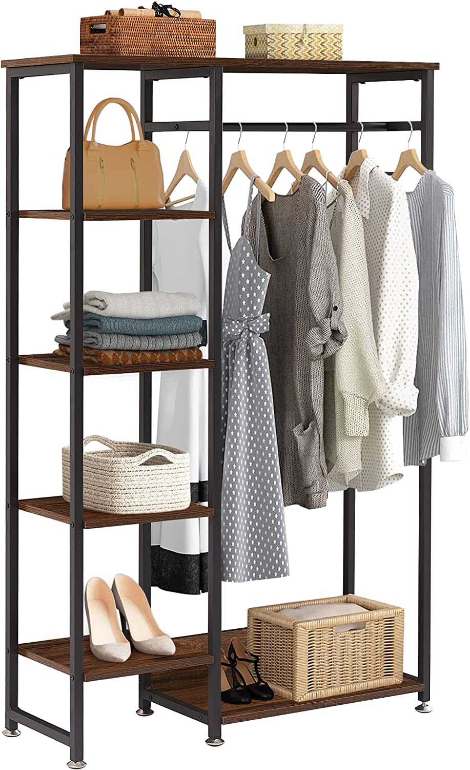 VECELO Open Garment Clothing Rack, Free-Standing Heavy Duty Storage Closet with 5 Shelves and Hanging Rod - VECELO