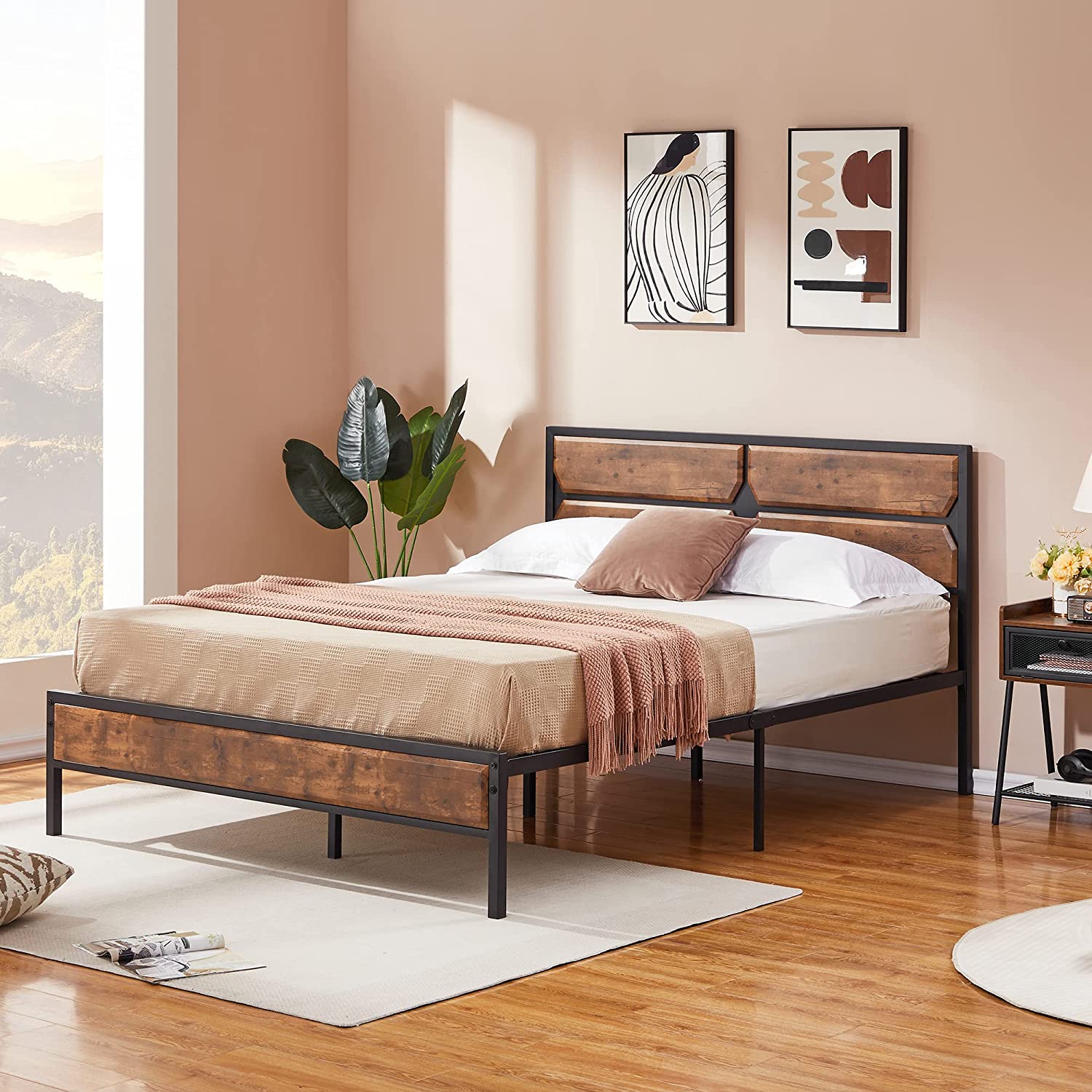 VECELO Metal Bed Frame Platform with Wooden Headboard&Footboard Mattress Foundation - VECELO