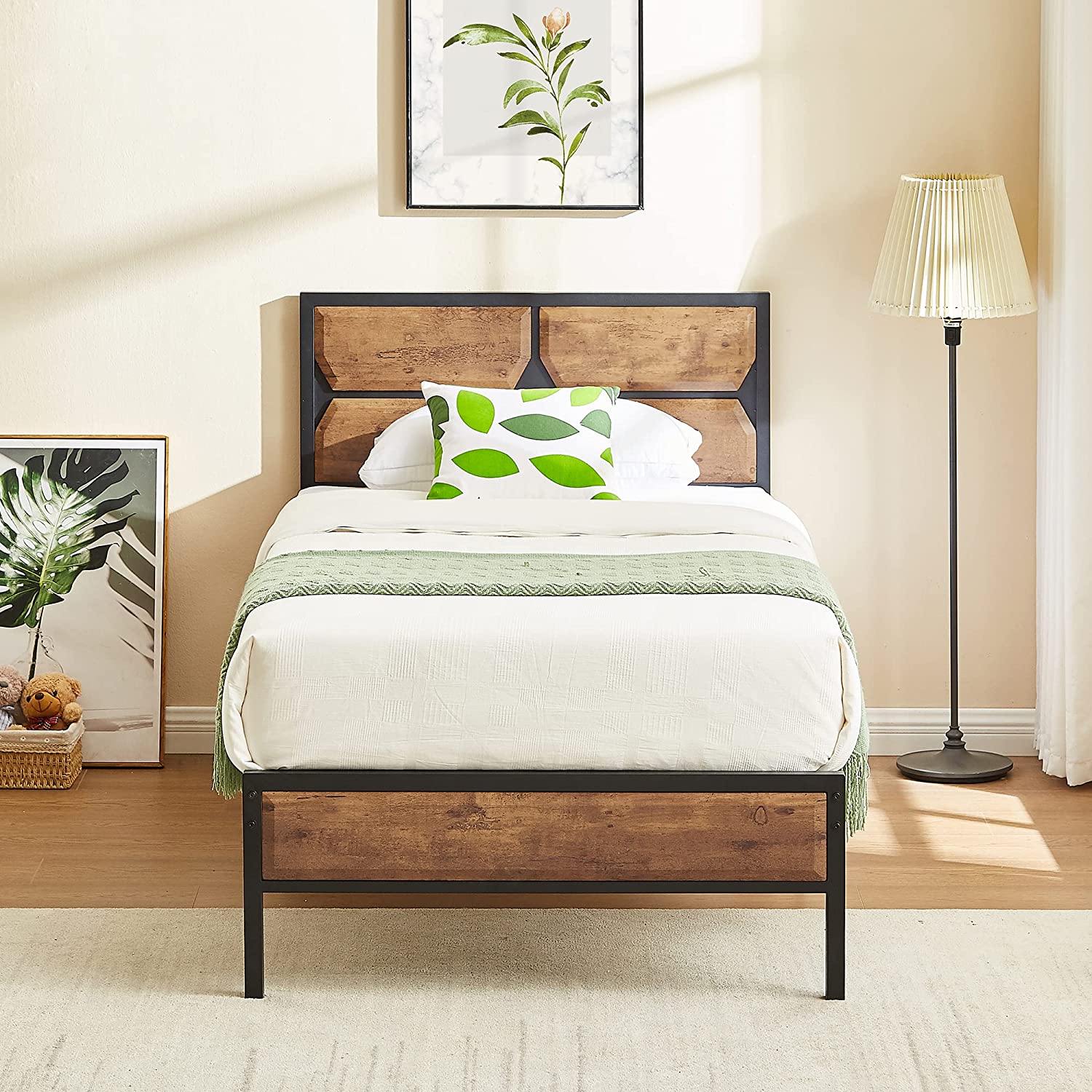 VECELO Metal Bed Frame Platform with Wooden Headboard&Footboard Mattress Foundation - VECELO