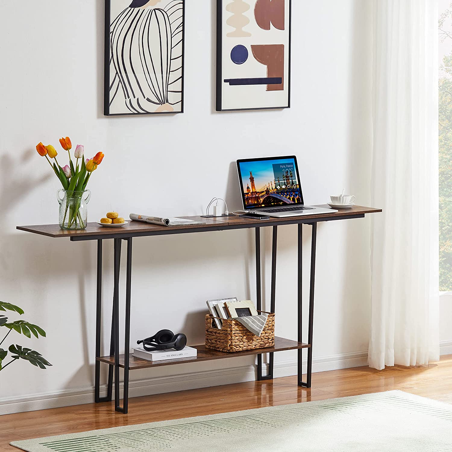 VECELO Couch Side & Console Table with 2 Outlets & 2 USB Ports - VECELO