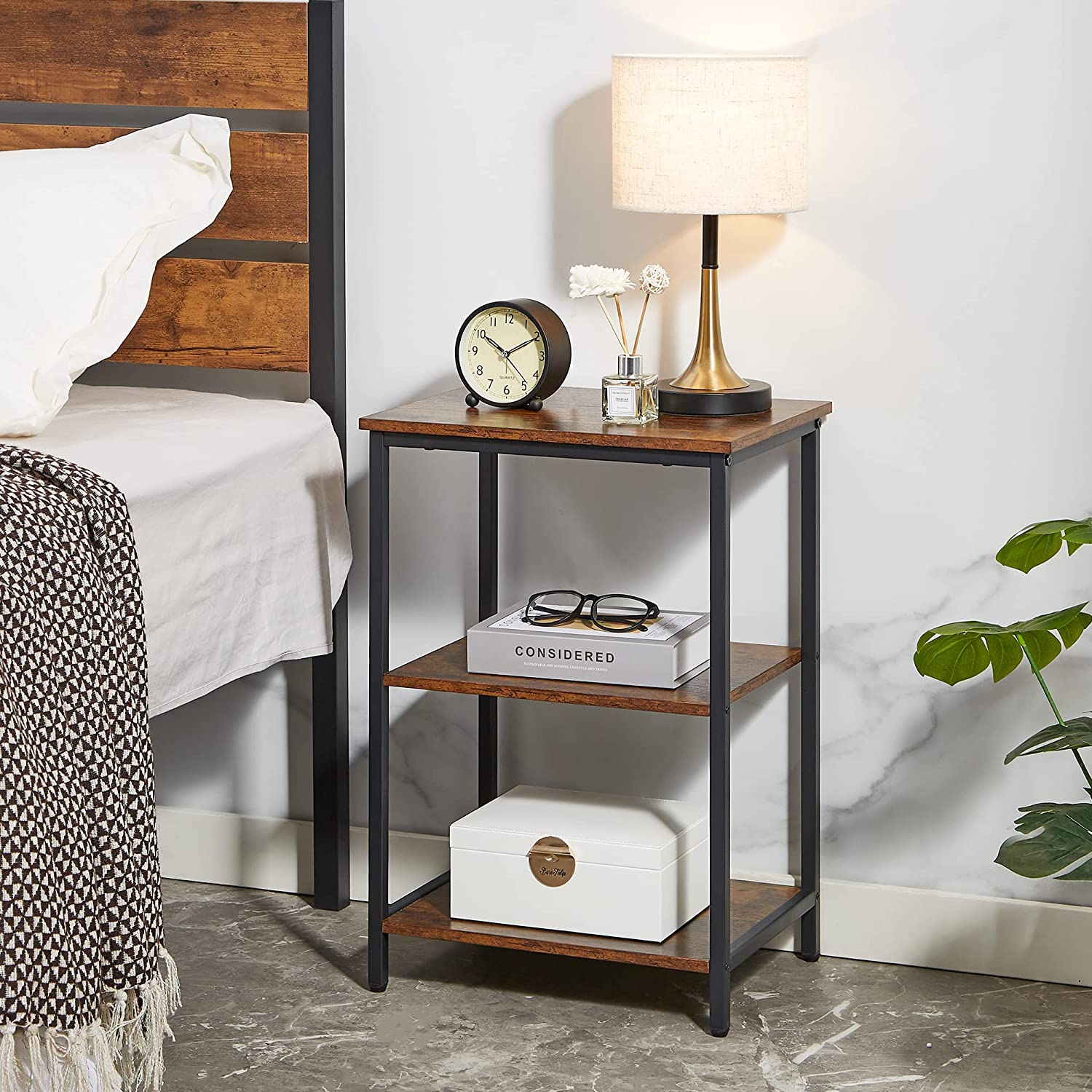 VECELO End Side Table with Storage Shelves Industrial Night Stand, 3-Tier Slim Nightstand for Living Room, Bedroom - VECELO