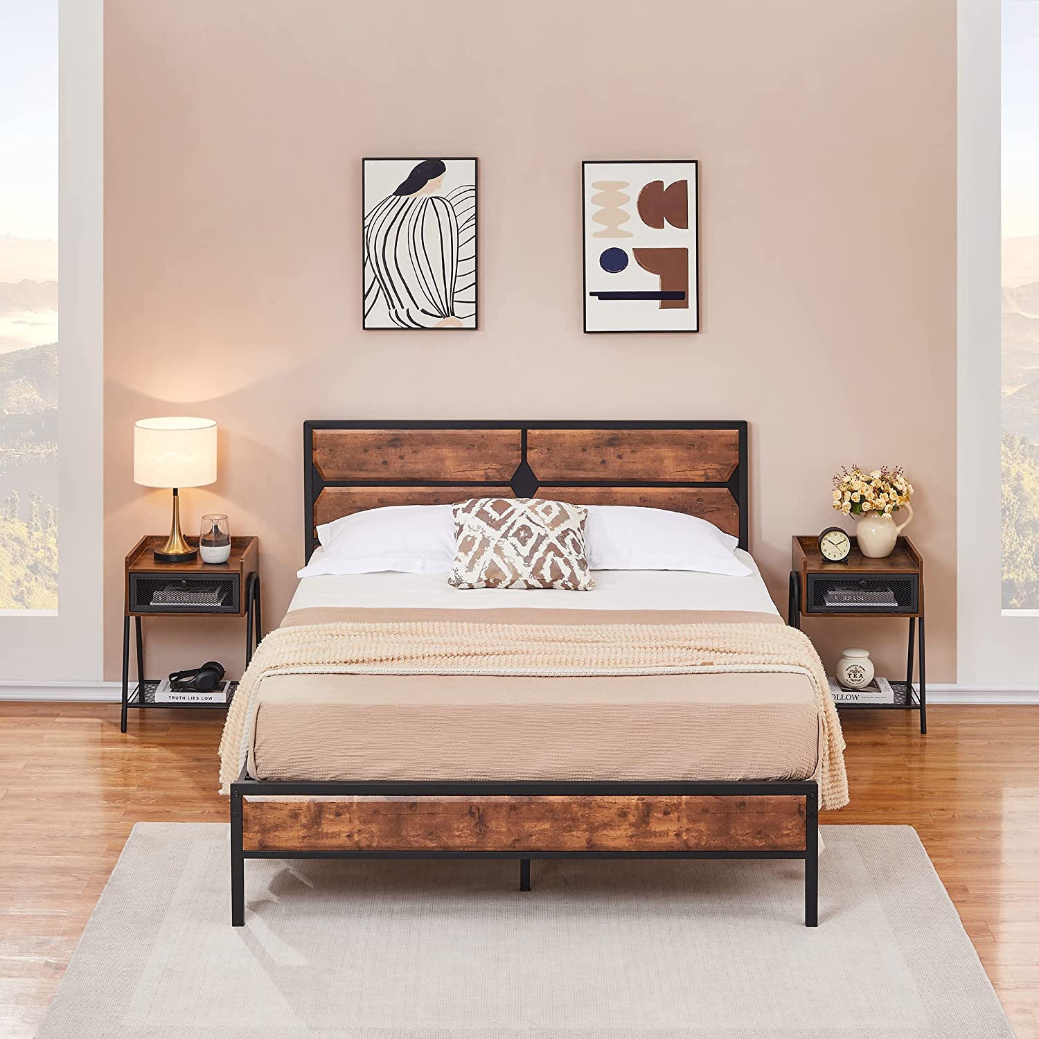 VECELO Metal Bed Frame Platform with Wooden Headboard&Footboard Mattress Foundation - VECELO