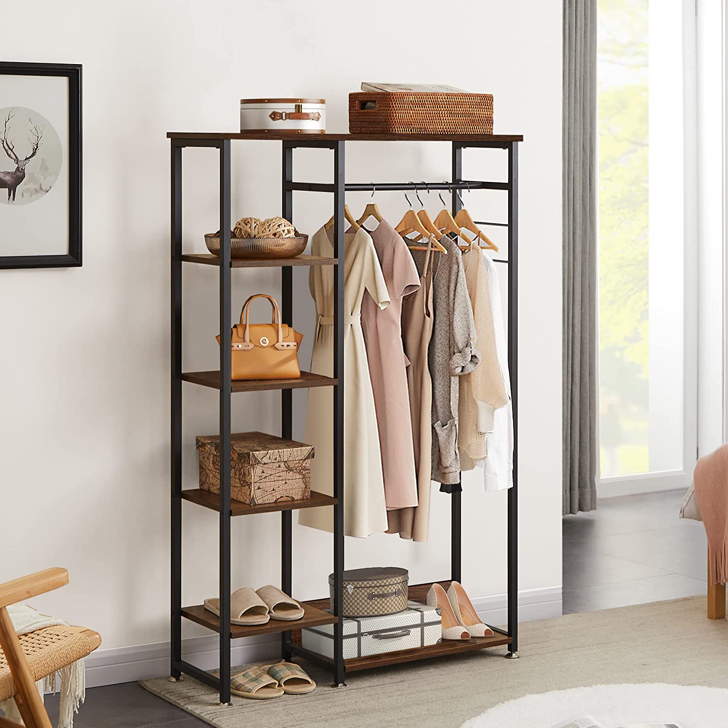 VECELO Open Garment Clothing Rack, Free-Standing Heavy Duty Storage Closet with 5 Shelves and Hanging Rod - VECELO