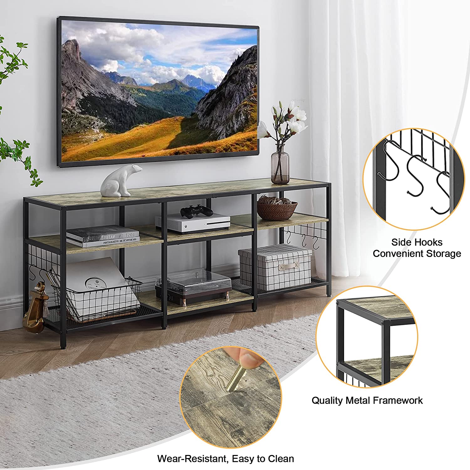 VECELO TV Stand Entertainment Center Media Console with 3-Tier Open Storage Shelves - VECELO