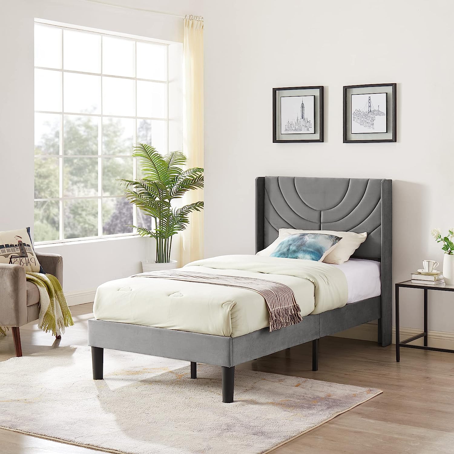 VECELO Upholstered Platform Bed Frame with Adjustable Fabric Headboard - VECELO