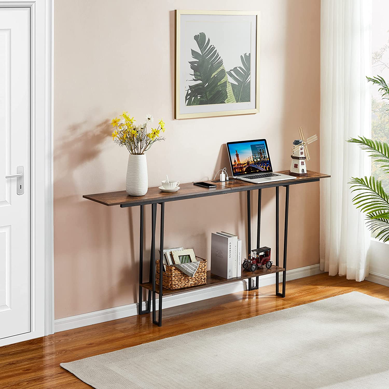 VECELO Couch Side & Console Table with 2 Outlets & 2 USB Ports - VECELO