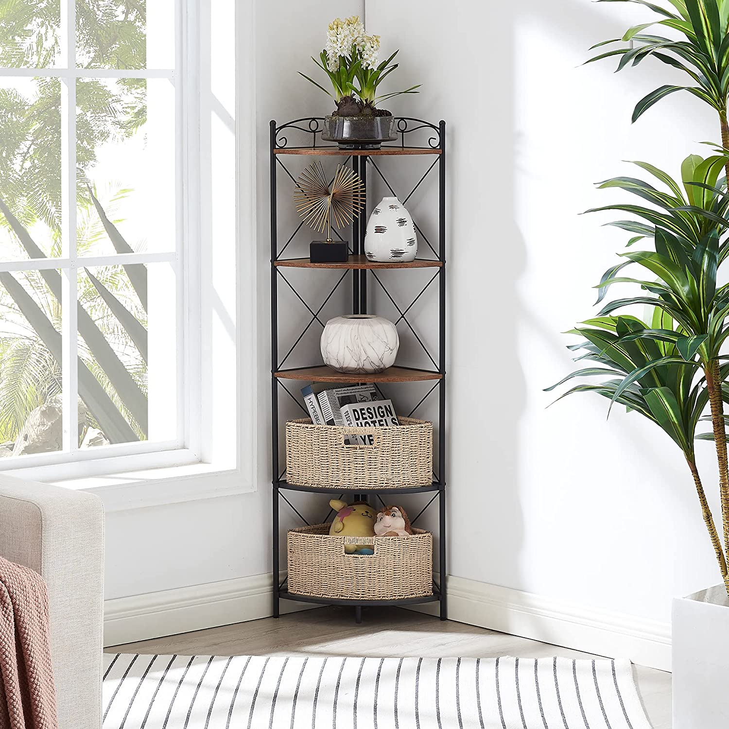 VECELO Corner Storage Cabinet with Wooden Shelves Free-Standing Organizer - VECELO