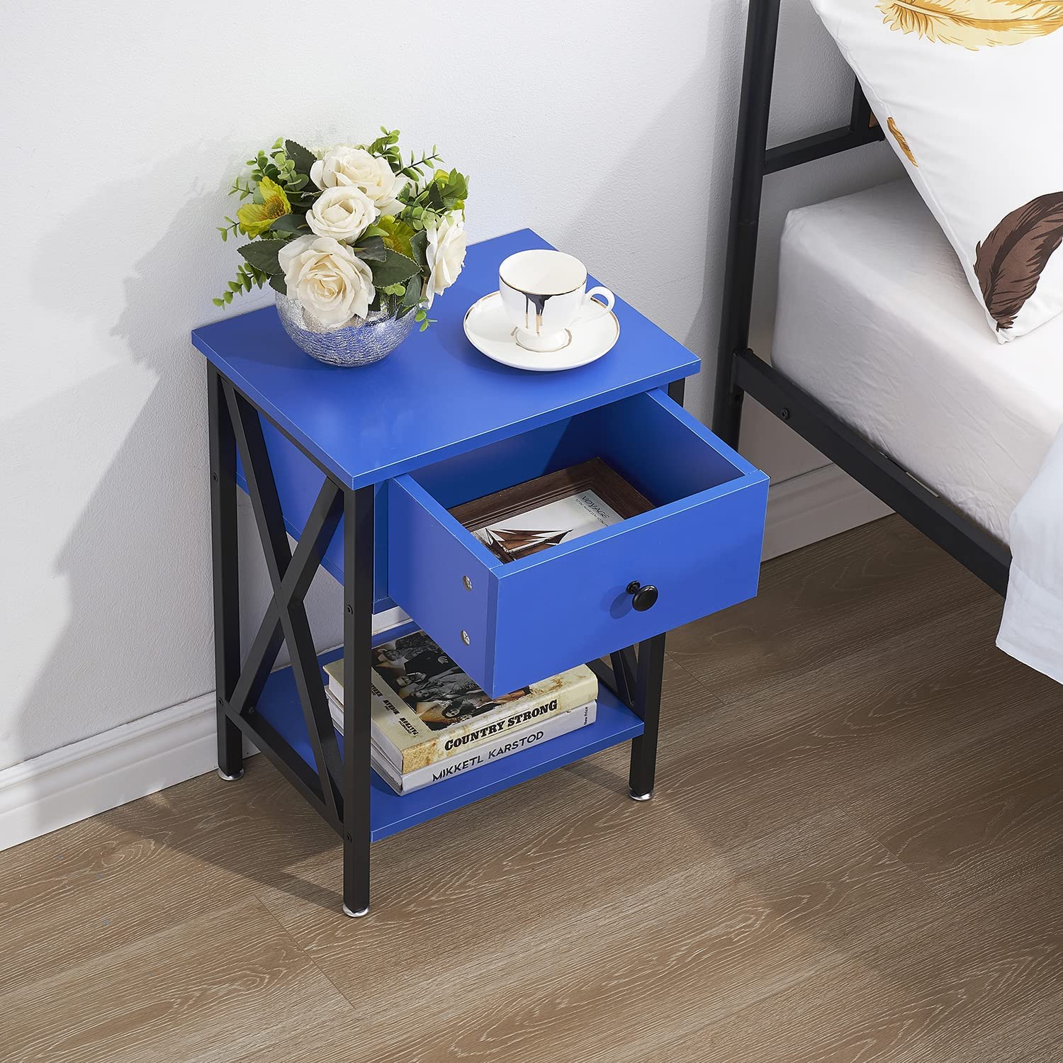 VECELO Night Stands Bedside End Table X-Design with Drawer&Storage Shelf for Living Room Bedroom, Nightstand with Drawer - VECELO