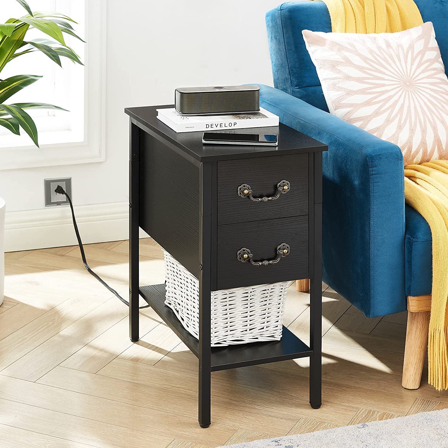 VECELO End Tables,Narrow Nightstands with Charging Station & USB Ports &Drawers - VECELO