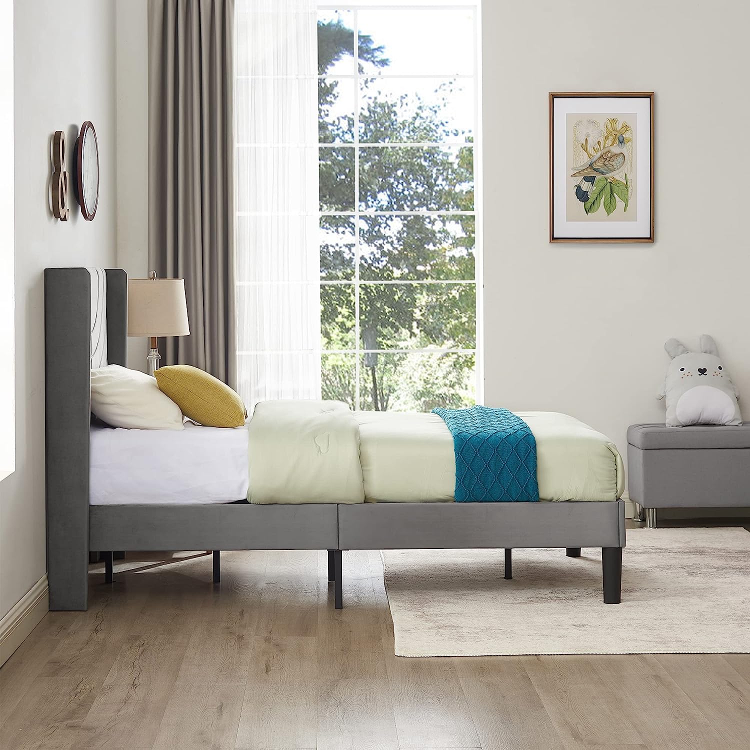 VECELO Upholstered Platform Bed Frame with Adjustable Fabric Headboard - VECELO