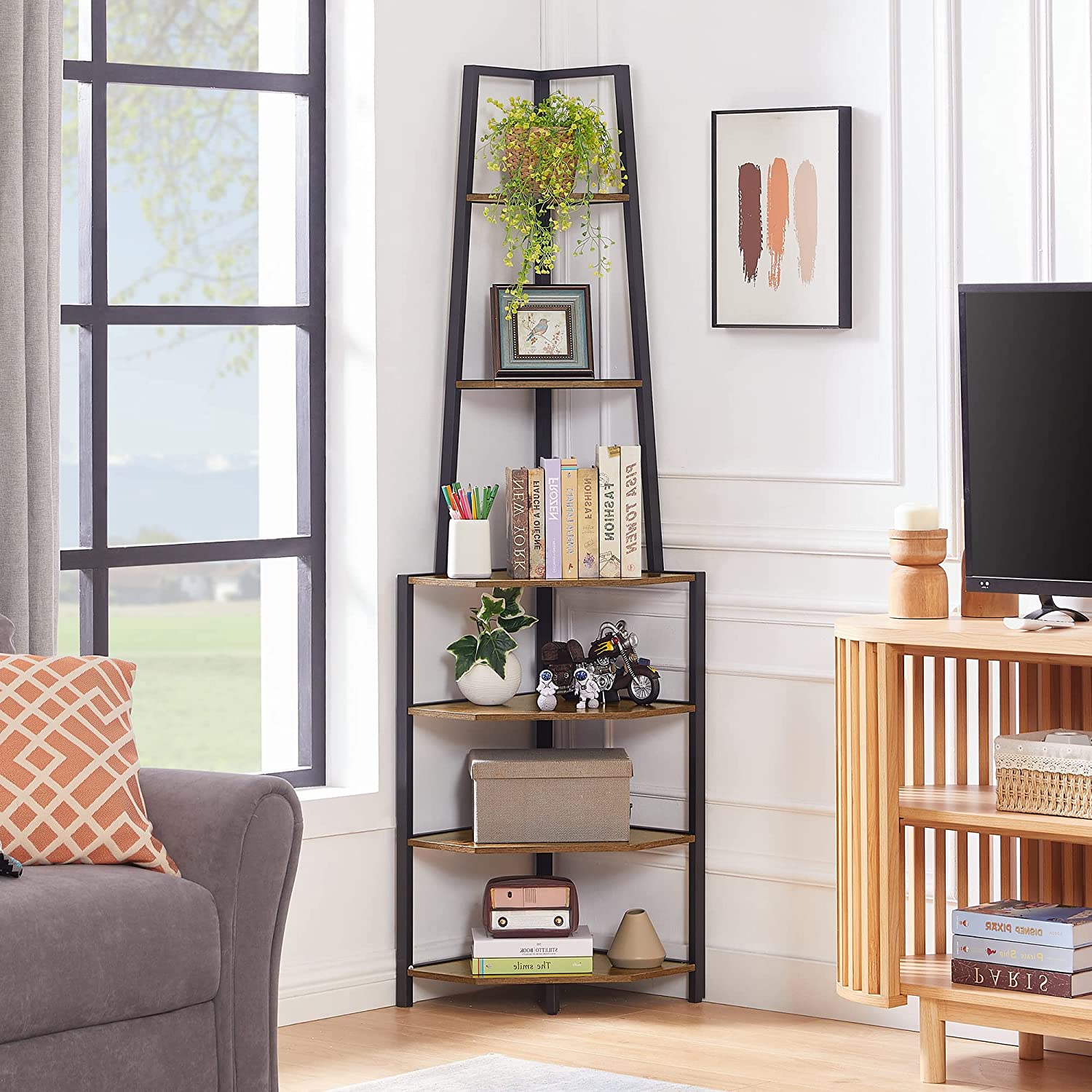 VECELO 6 Tier Corner Shelf, 69 Inch Industrial Bookshelf/Storage Stand with Metal Frame - VECELO