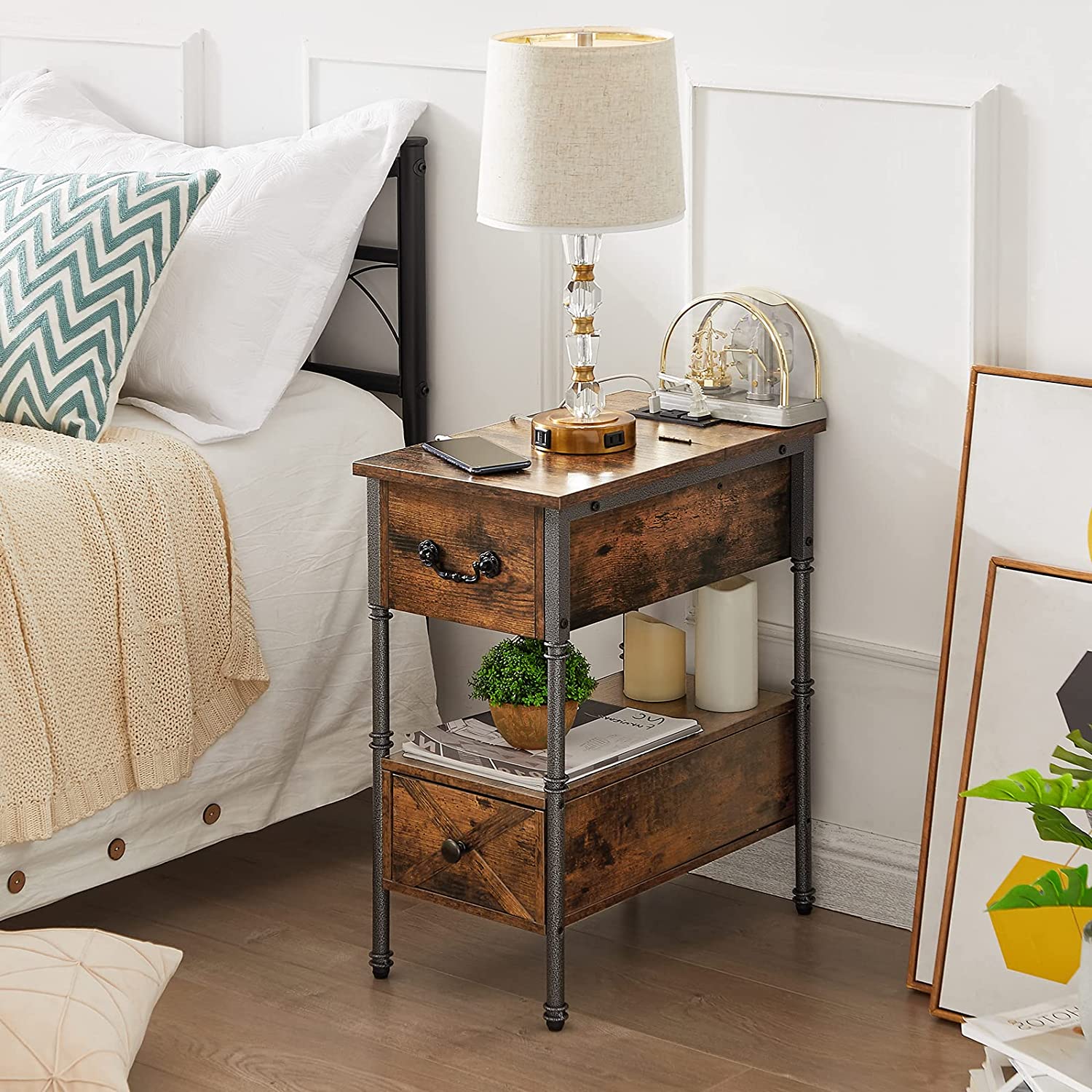 VECELO End Table with Charging Station, Narrow Flip Top Nightstand - VECELO