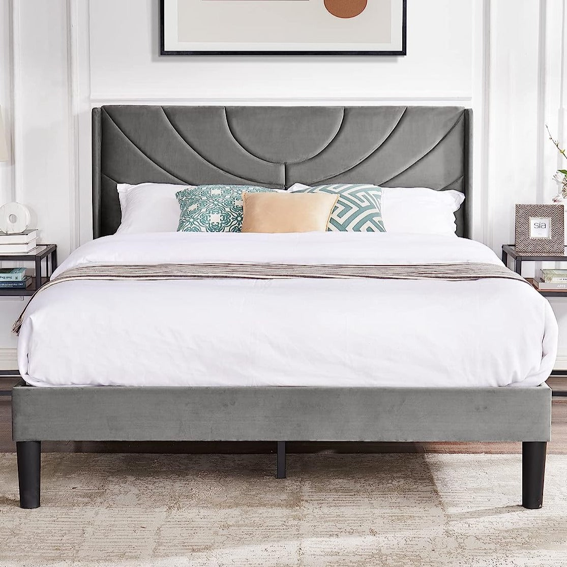 VECELO Upholstered Platform Bed Frame with Adjustable Fabric Headboard - VECELO