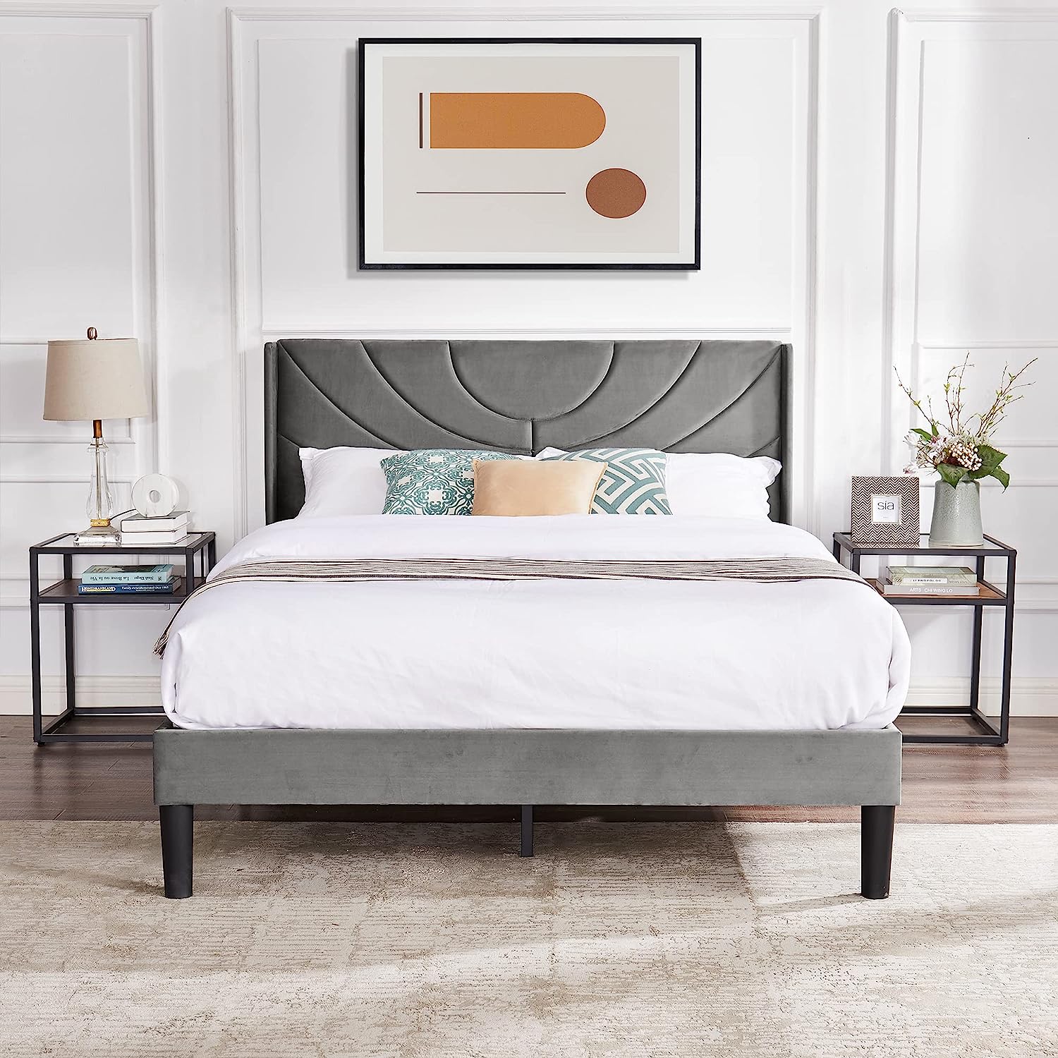 VECELO Upholstered Platform Bed Frame with Adjustable Fabric Headboard - VECELO