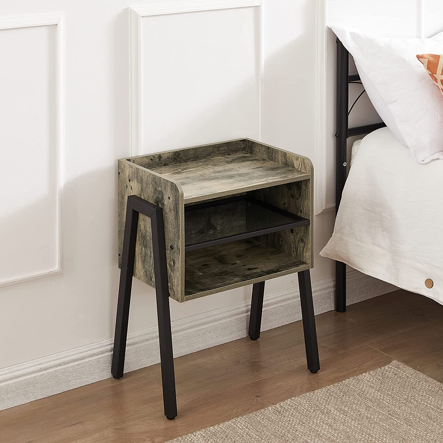 VECELO Nightstand Industrial Side End Table Accent Furniture with 2-Tier Open Storage Compartments - VECELO