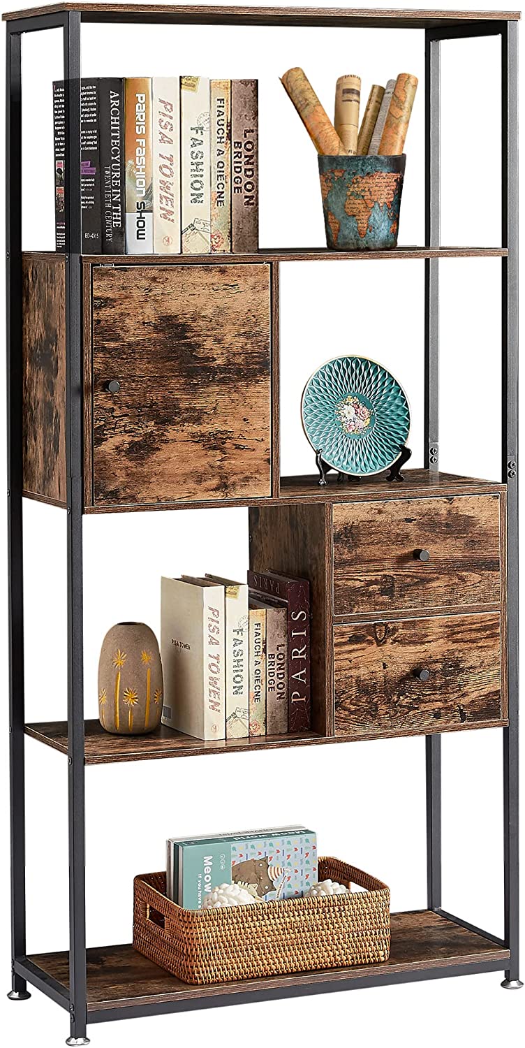 VECELO Bookshelf,4-Tier Metal Frame Book Shelf,Open Display Shelf with 2 Drawers and 1 Cabinet - VECELO