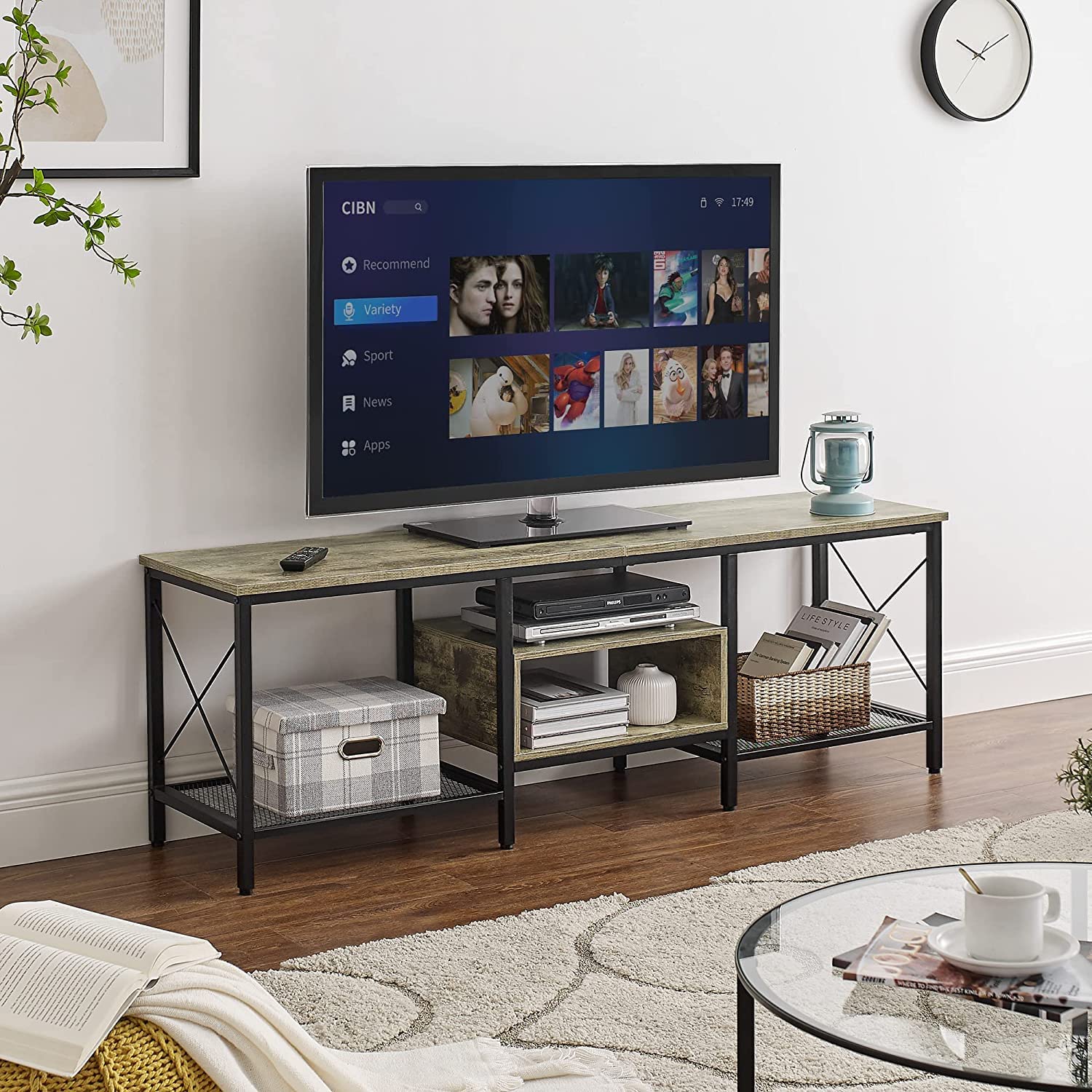 VECELO Industrial TV Stand Television Cabinet 3-Tier Console with Open Storage Shelves, Entertainment Center with Metal Frame for Living Room - VECELO