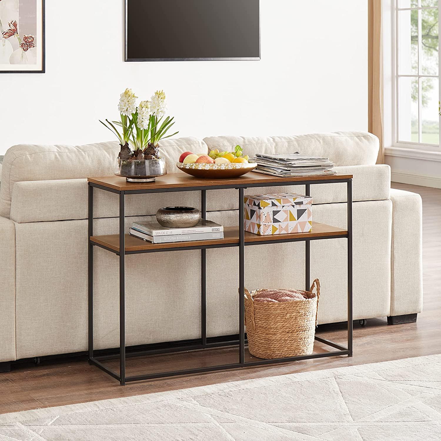 VECELO Multipurpose Console, Narrow Sofa 2-Tier Rustic Hallway Table with Storage Shelves - VECELO