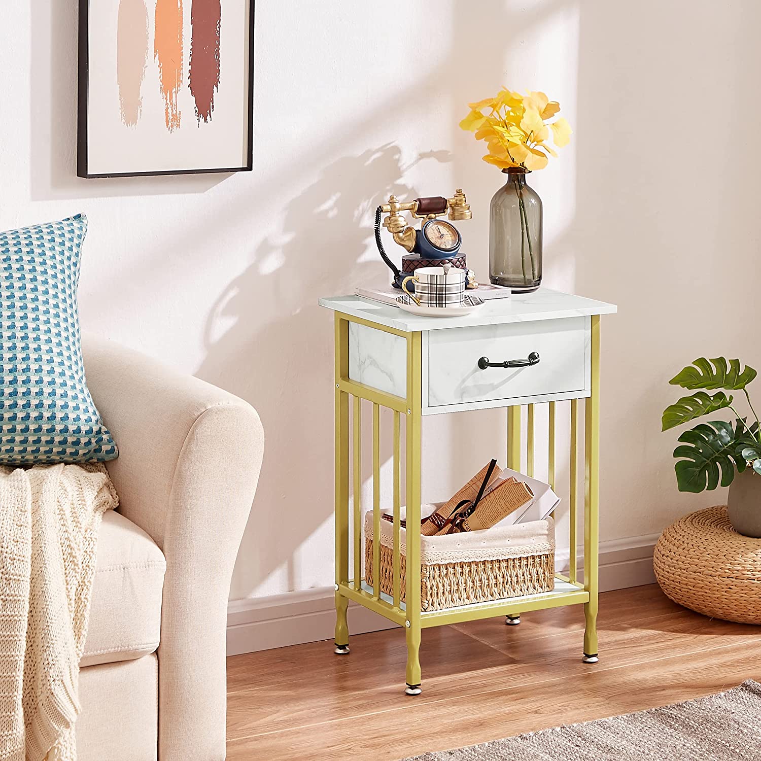 VECELO Industrial End Table,Nightstand with Drawer and Storage Shelf - VECELO