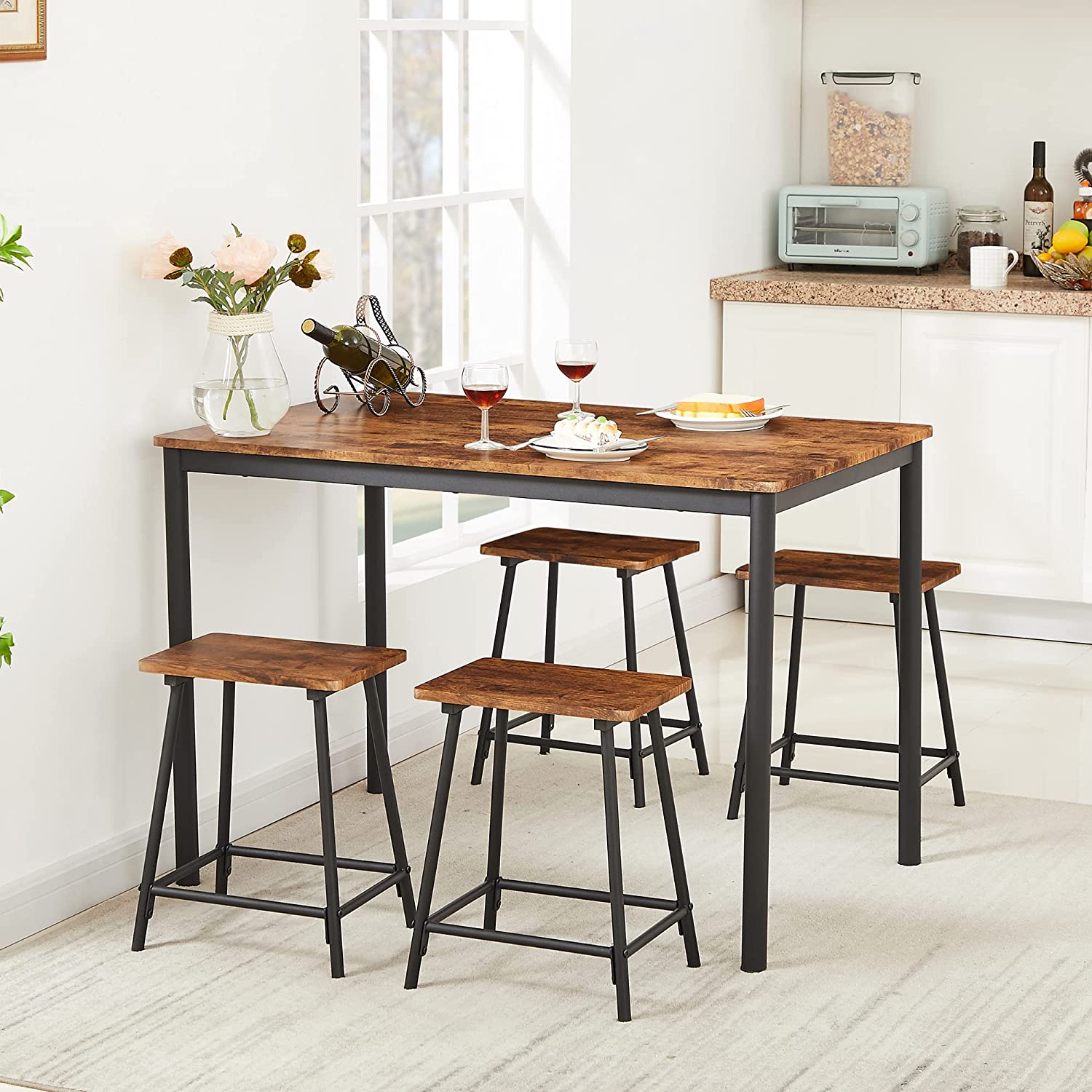 VECELO 5-Piece Dining Table Set Metal and Wood Kitchen Furniture with 4 Stools - VECELO