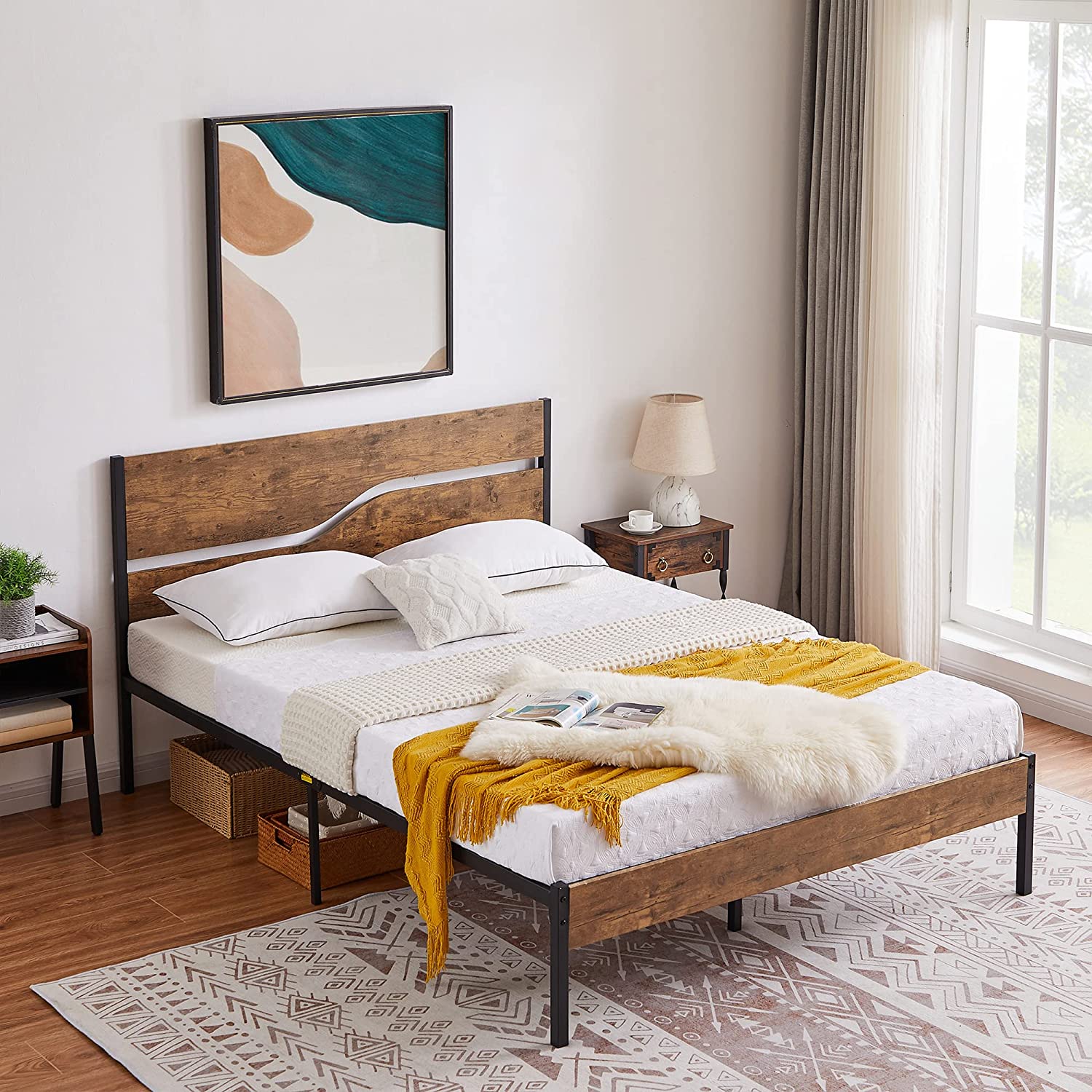 VECELO Platform Bed Frame/Mattress Foundation with Rustic Vintage Wood Headboard - VECELO