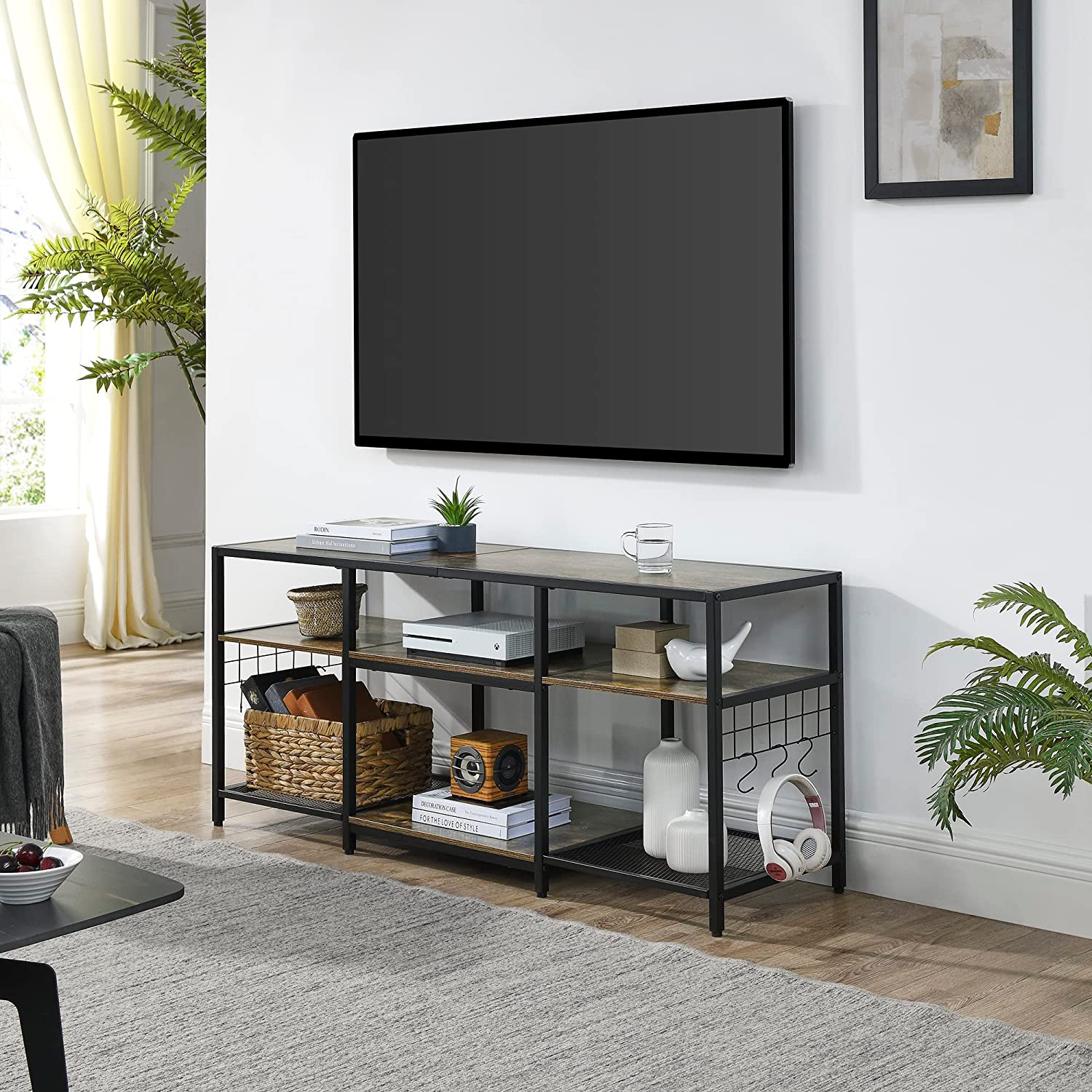 VECELO TV Stand Entertainment Center Media Console with 3-Tier Open Storage Shelves, Cabinet Table for Living Room Brown - VECELO