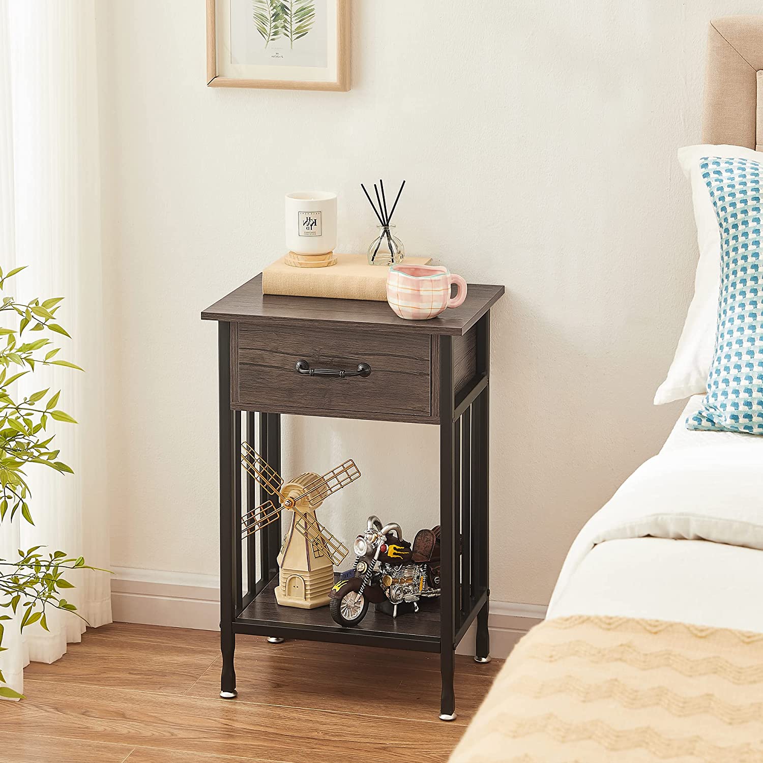VECELO Industrial End Table,Nightstand with Drawer and Storage Shelf - VECELO