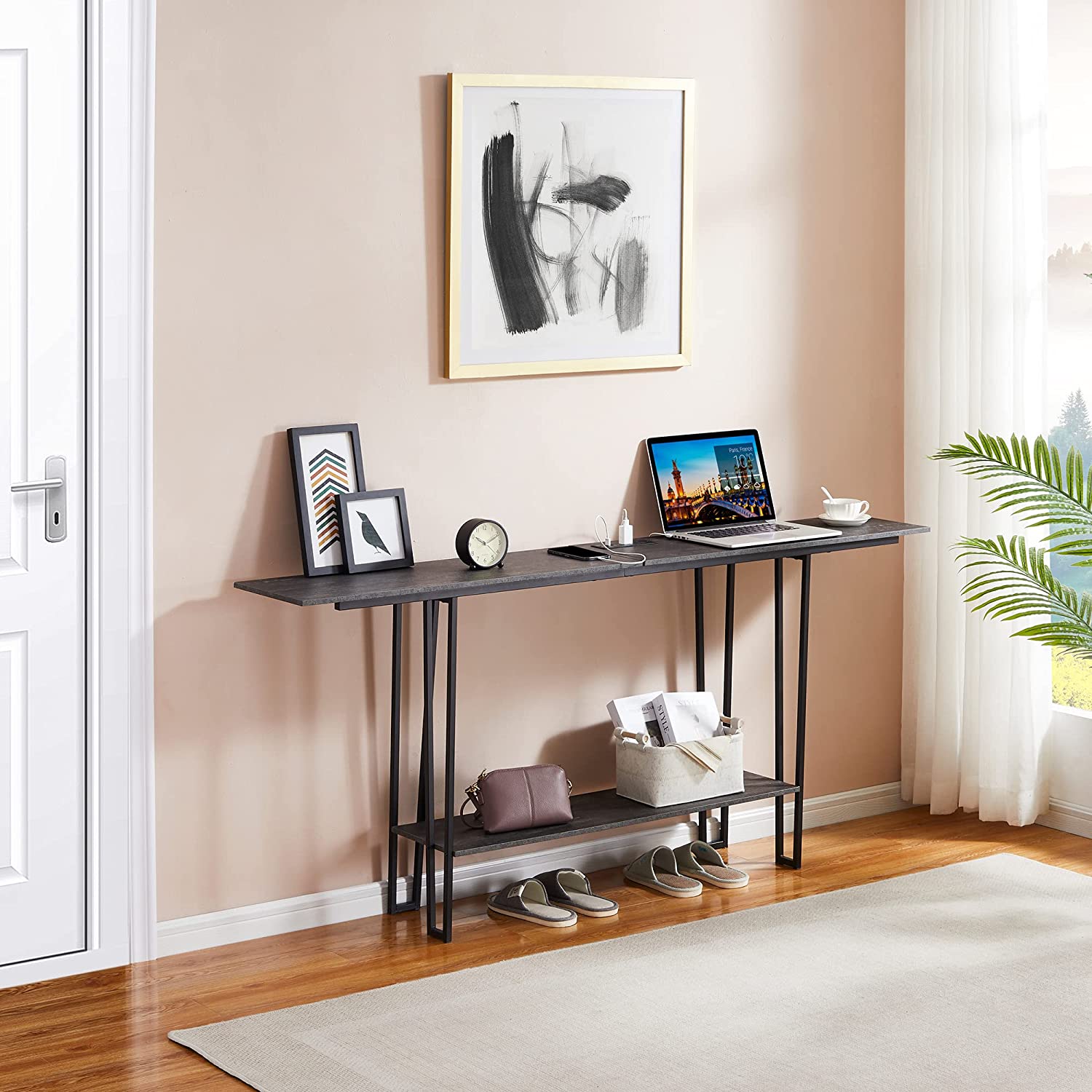 VECELO Couch Side & Console Table with 2 Outlets & 2 USB Ports - VECELO