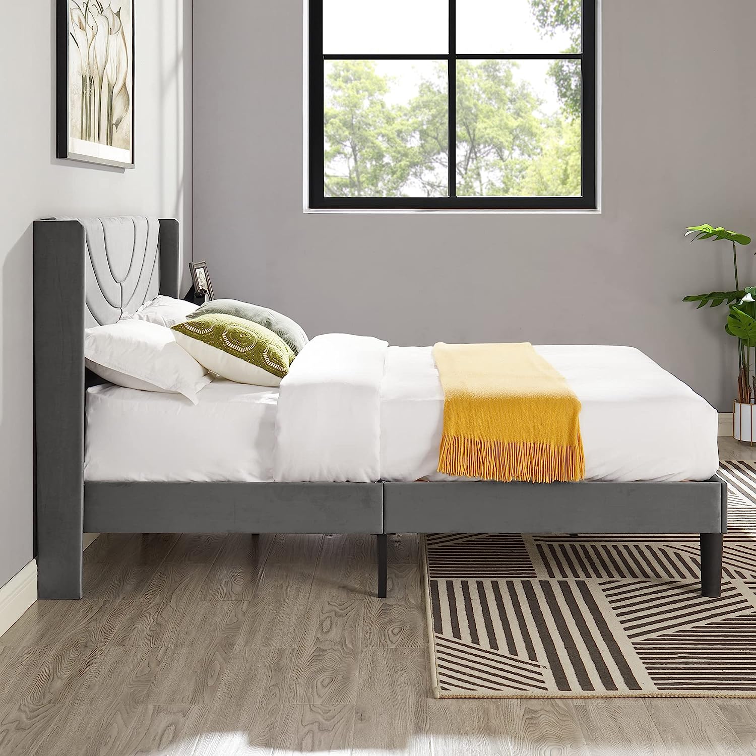 VECELO Upholstered Platform Bed Frame with Adjustable Fabric Headboard - VECELO