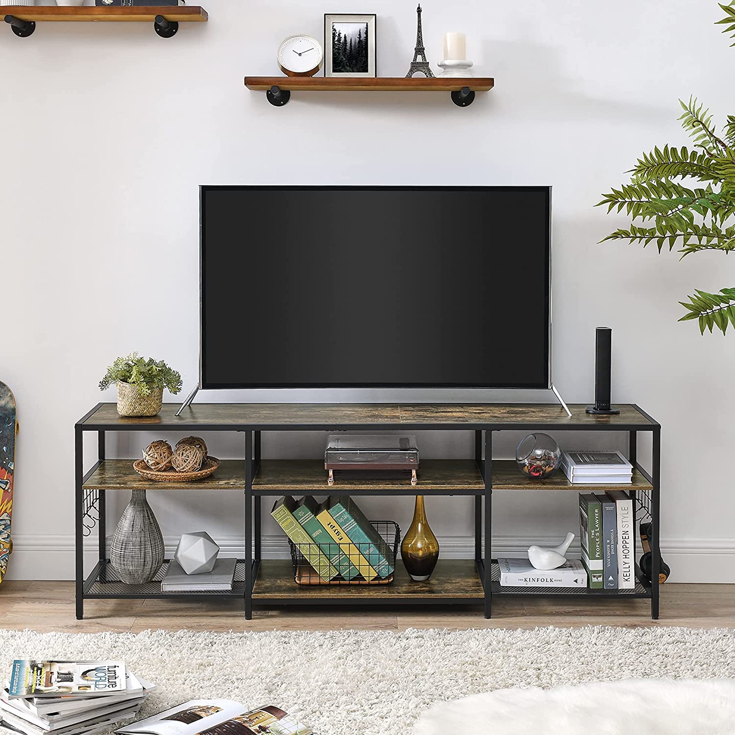VECELO TV Stand Entertainment Center Media Console with 3-Tier Open Storage Shelves, Cabinet Table for Living Room Brown - VECELO