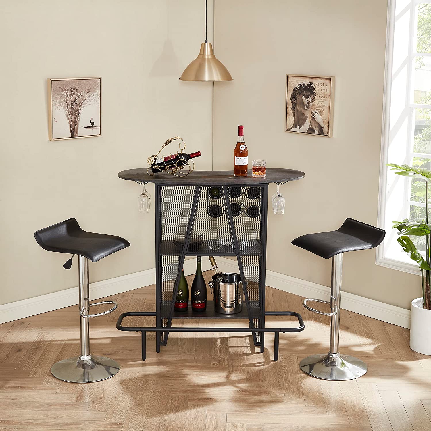 VECELO Bar Unit with Metal Mesh Front, 3-Tier Wine Rack Table with Glasses Holder - VECELO