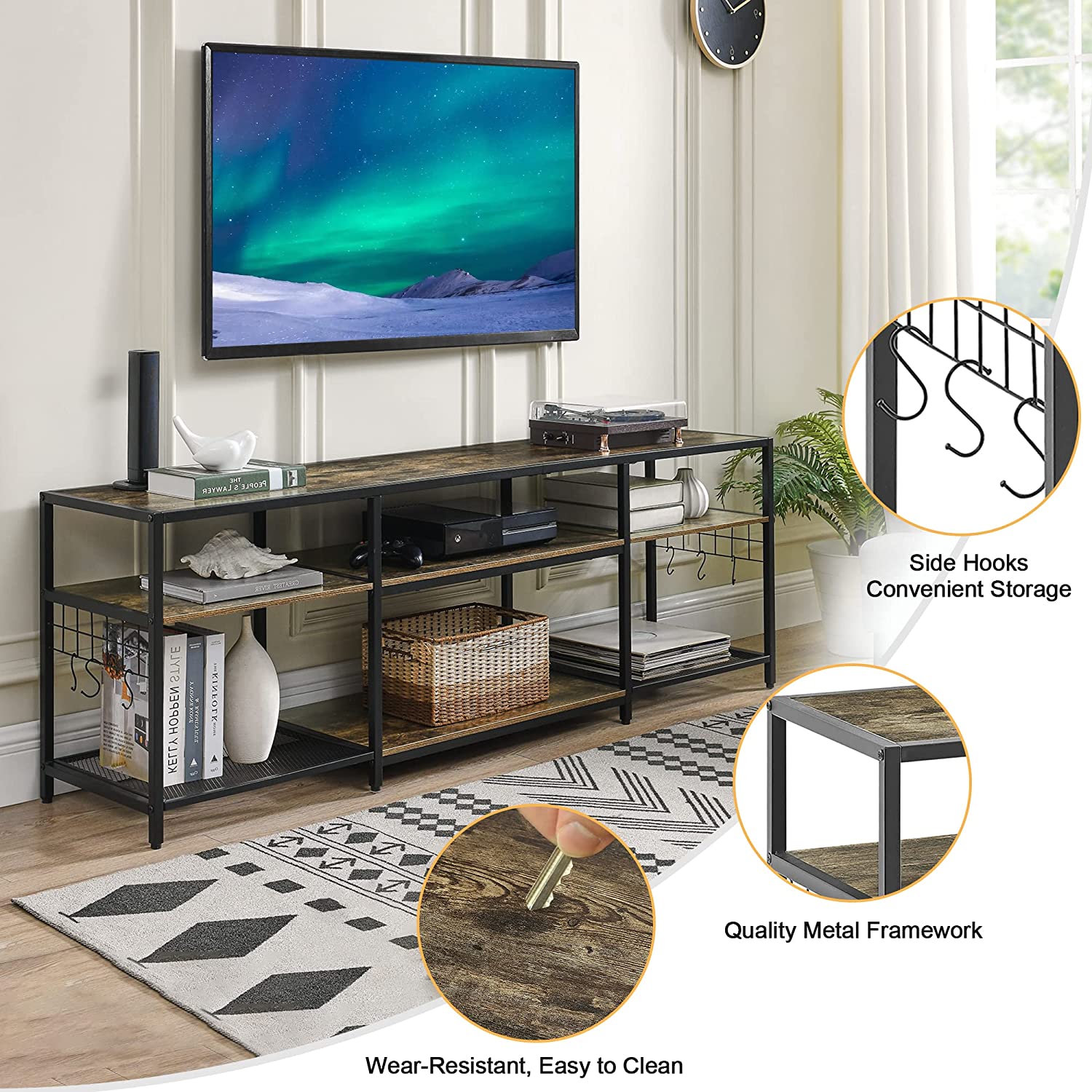 VECELO TV Stand Entertainment Center Media Console with 3-Tier Open Storage Shelves, Cabinet Table for Living Room Brown - VECELO