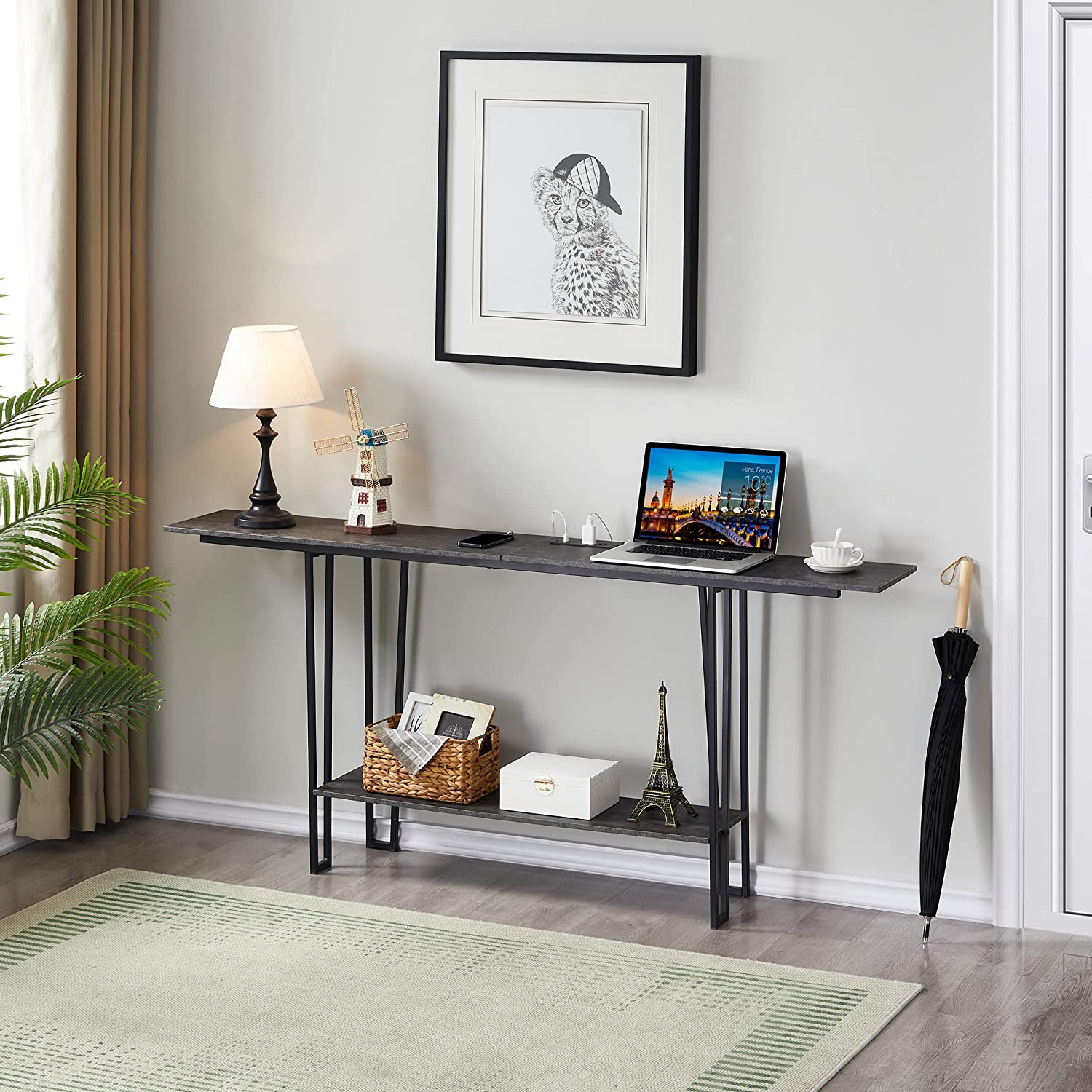 VECELO Couch Side & Console Table with 2 Outlets & 2 USB Ports - VECELO
