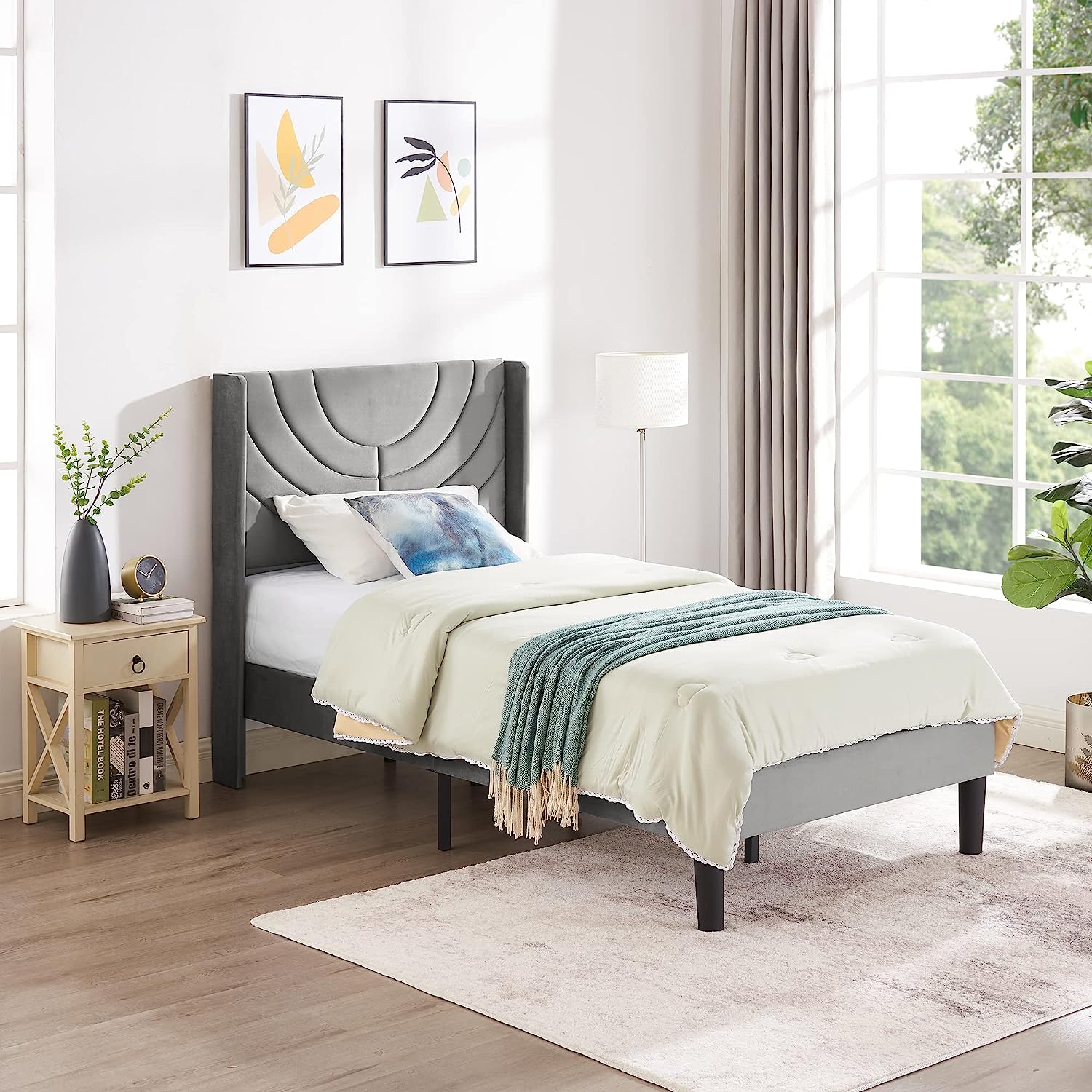 VECELO Upholstered Platform Bed Frame with Adjustable Fabric Headboard - VECELO